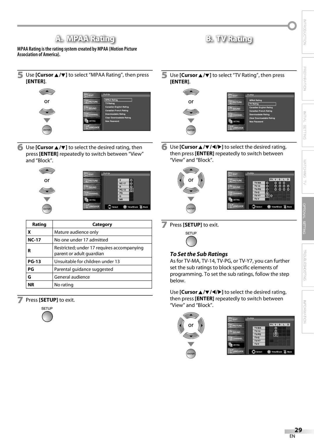 FUNAI LC225SL9 owner manual To Set the Sub Ratings, Use Cursor K/L to select Mpaa Rating, then press Enter 