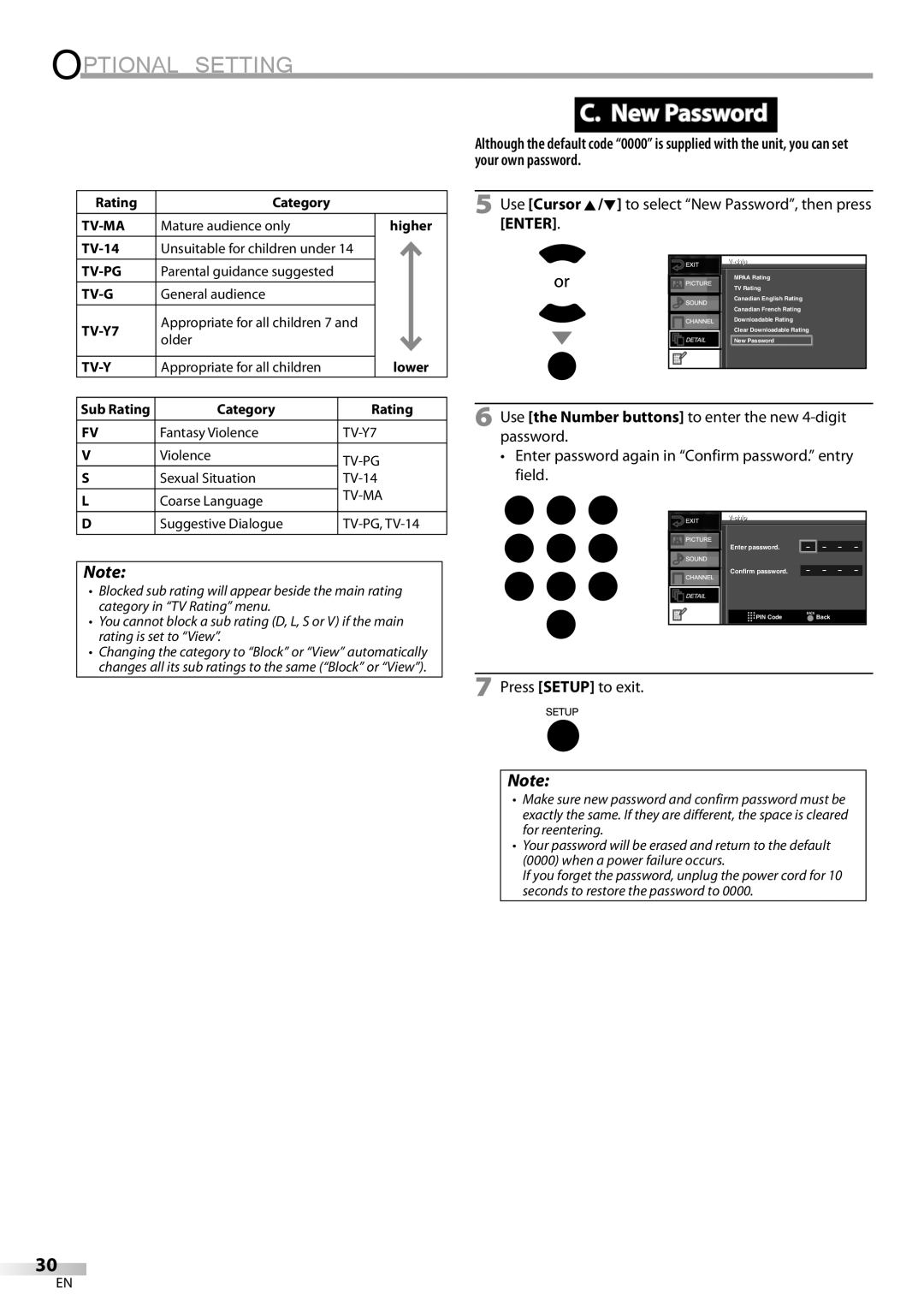 FUNAI LC225SL9 owner manual Use Cursor K/L to select New Password, then press Enter, TV-14, Category Rating 