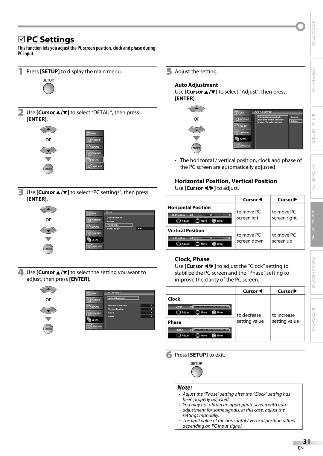 FUNAI LC225SL9 owner manual 5PC Settings, Horizontal Position, Vertical Position, Clock, Phase, Auto Adjustment 