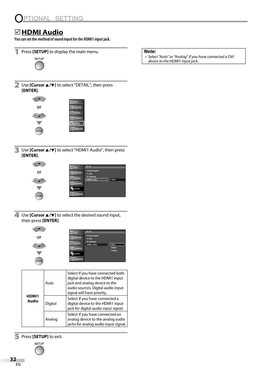 FUNAI LC225SL9 owner manual 5HDMI Audio, Use Cursor K/L to select HDMI1 Audio, then press Enter 