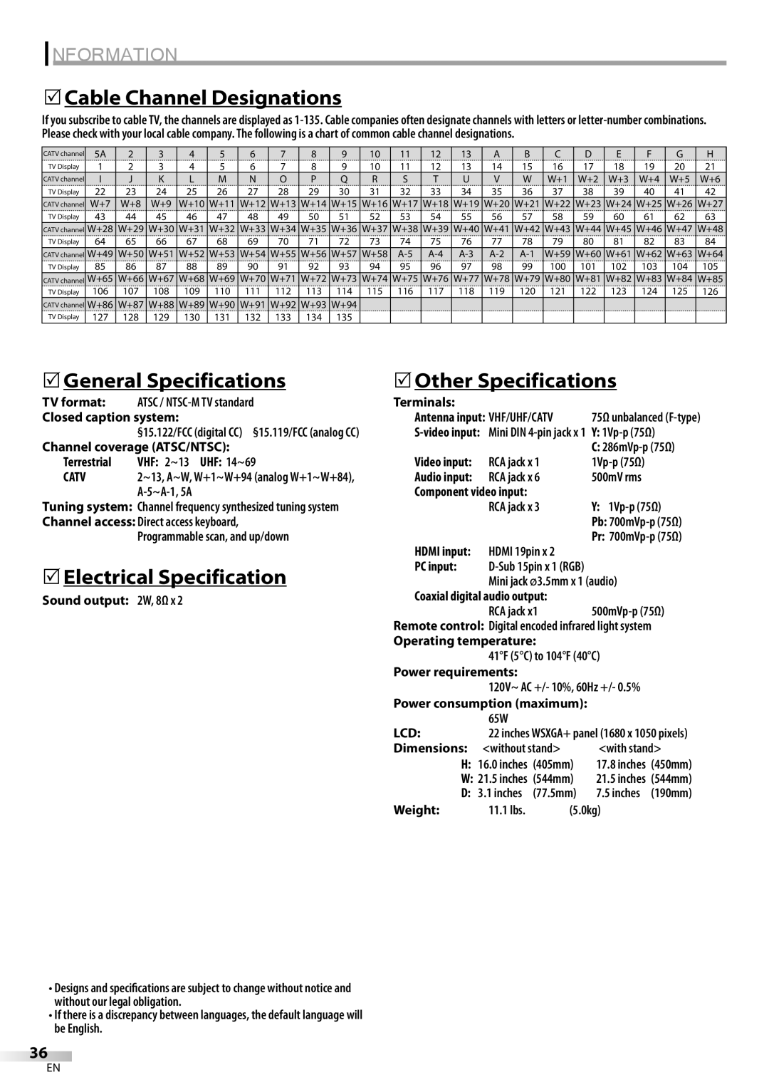 FUNAI LC225SL9 5Cable Channel Designations, 5General Specifications, 5Electrical Specification, 5Other Specifications 