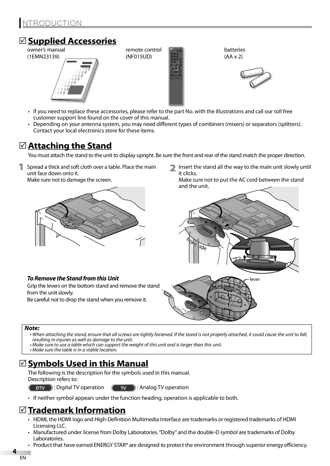 FUNAI LC225SL9 5Supplied Accessories, 5Attaching the Stand, 5Symbols Used in this Manual, 5Trademark Information 