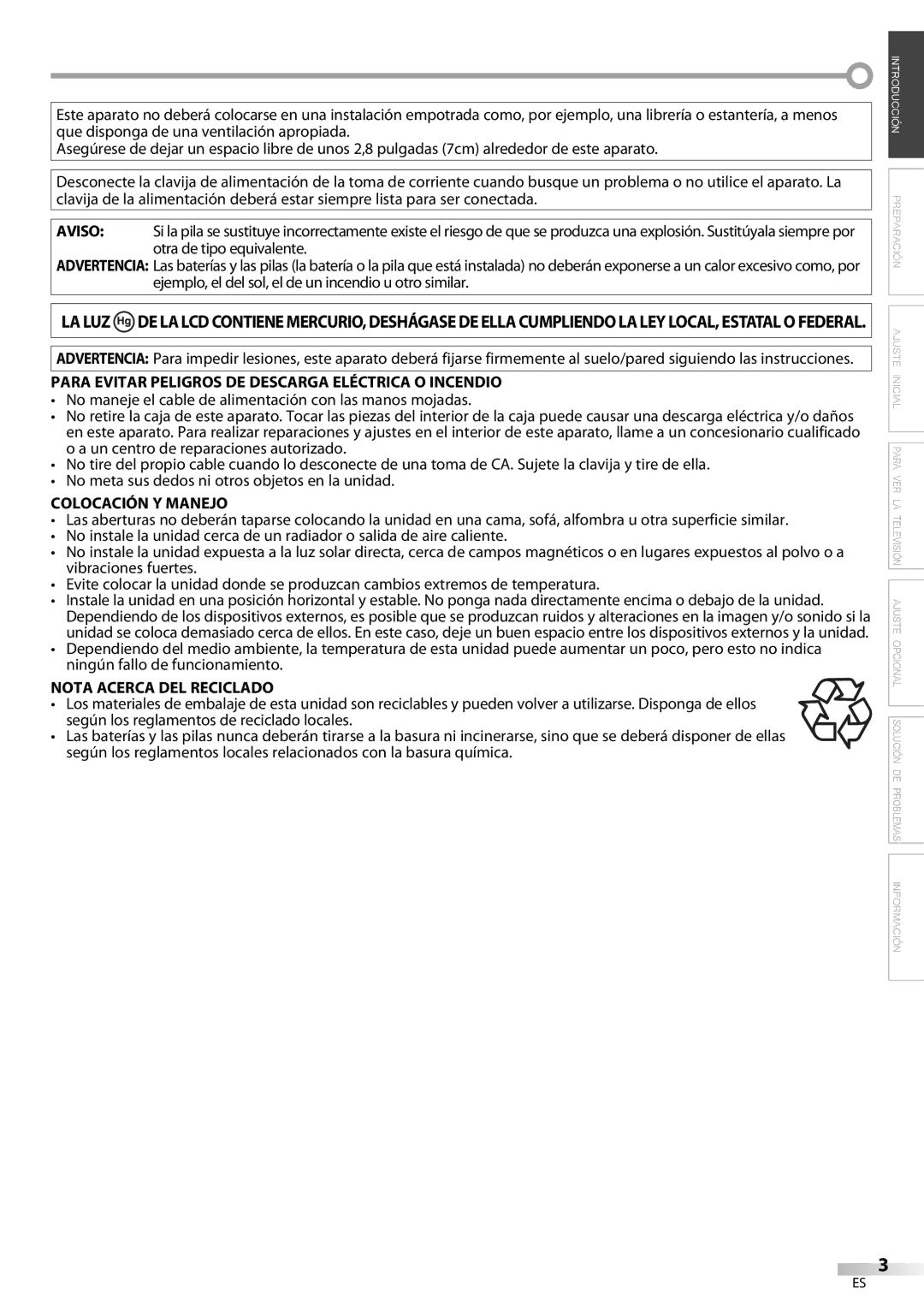 FUNAI LC225SL9 Para Evitar Peligros DE Descarga Eléctrica O Incendio, Colocación Y Manejo, Nota Acerca DEL Reciclado 