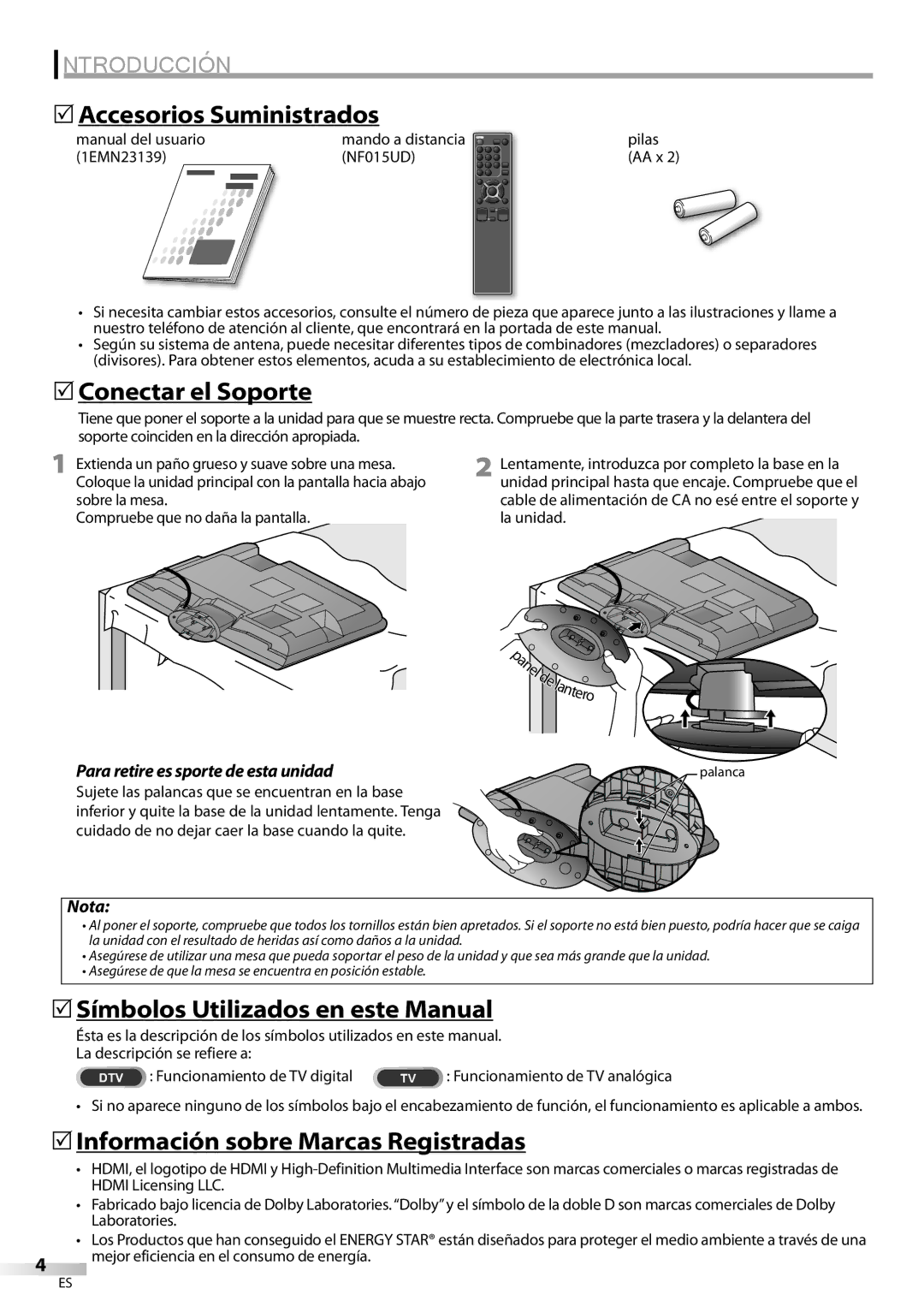 FUNAI LC225SL9 owner manual 5Accesorios Suministrados, 5Conectar el Soporte, 5Símbolos Utilizados en este Manual 