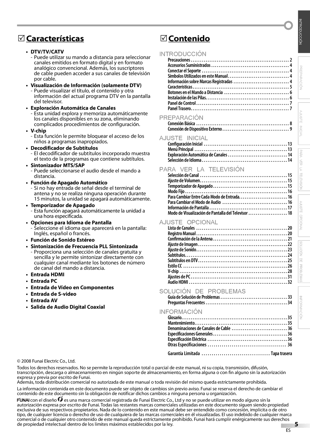 FUNAI LC225SL9 owner manual Características, Contenido 