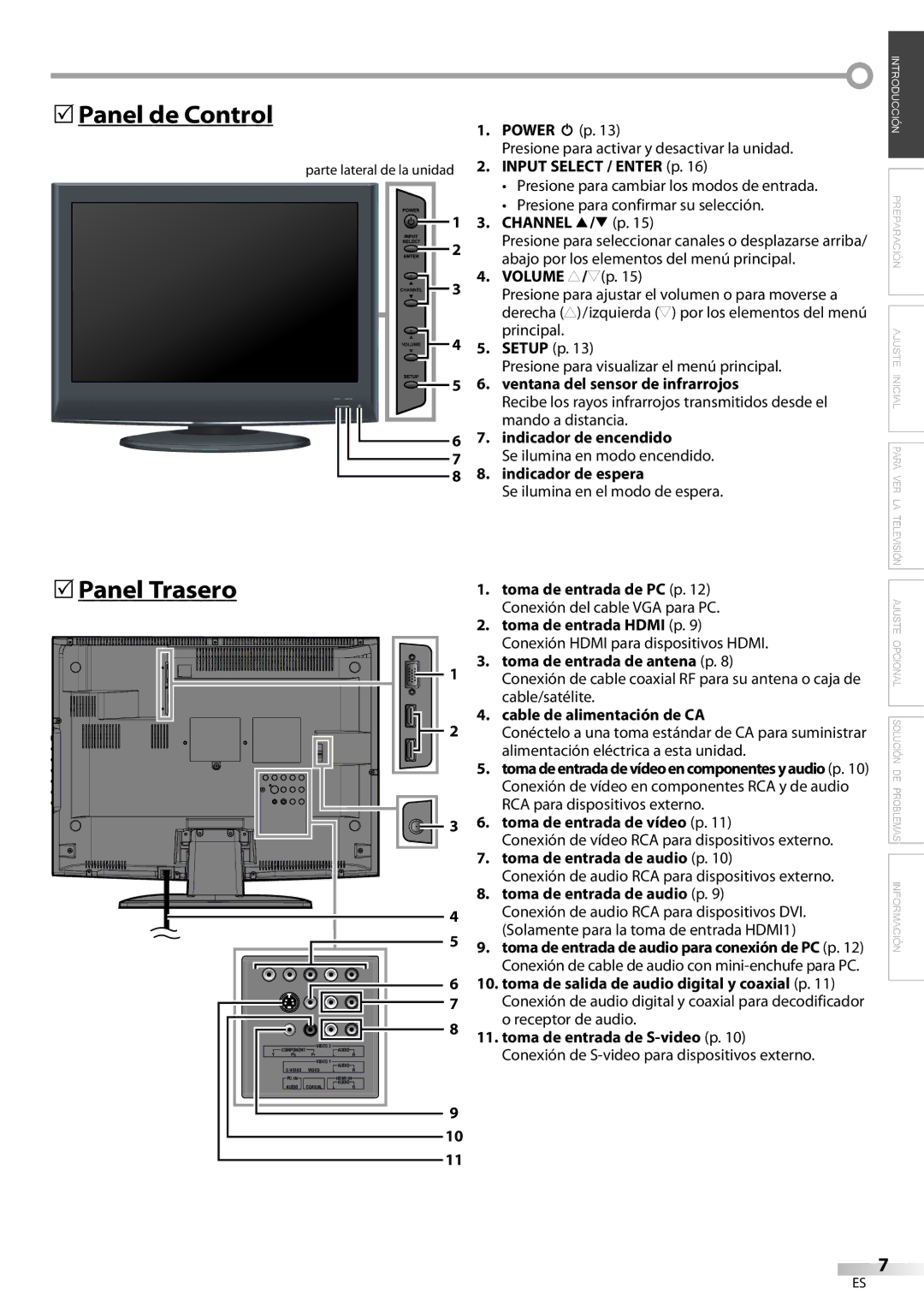 FUNAI LC225SL9 owner manual 5Panel de Control, 5Panel Trasero 