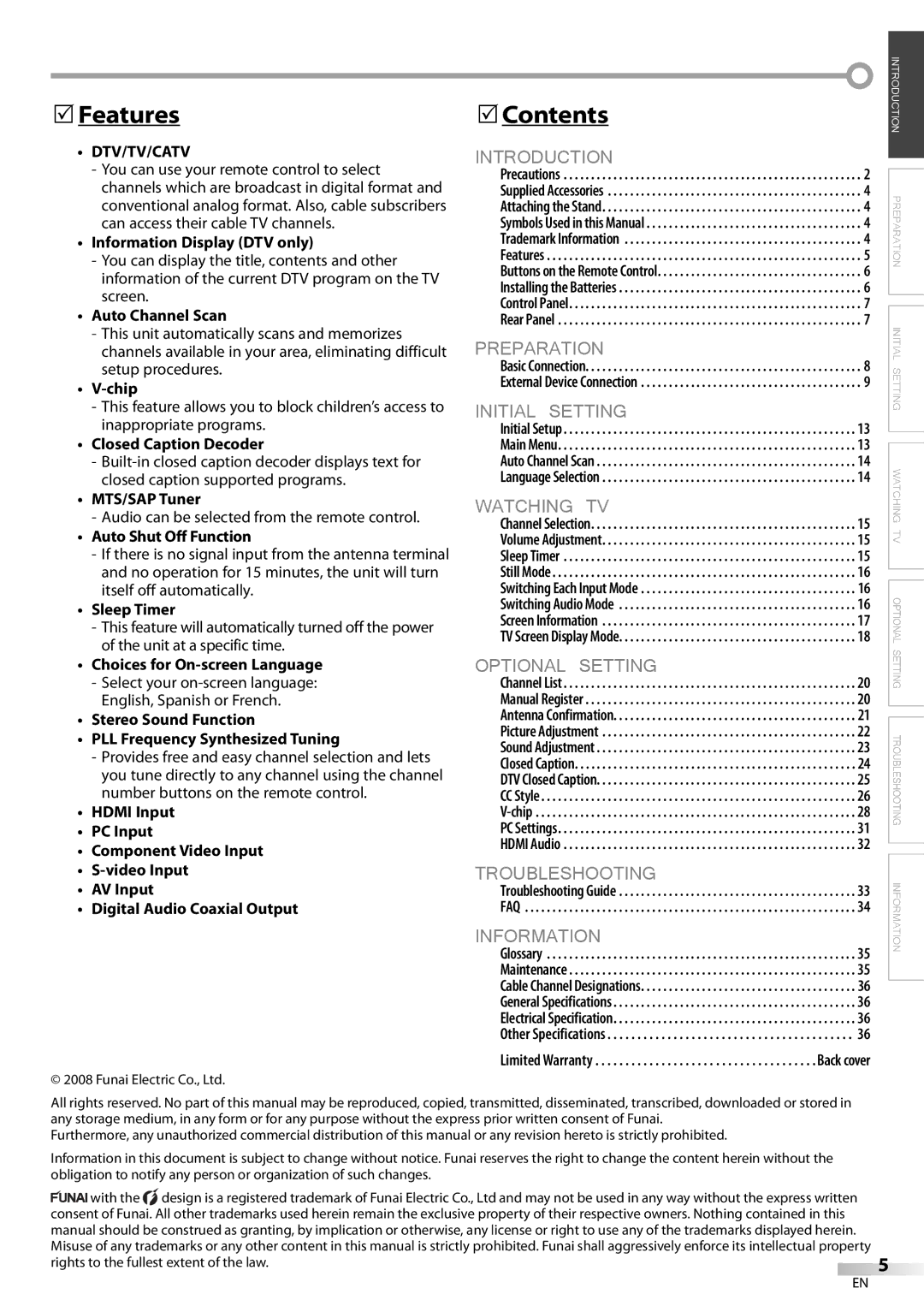 FUNAI LC225SL9 owner manual Features, Contents, Dtv/Tv/Catv 