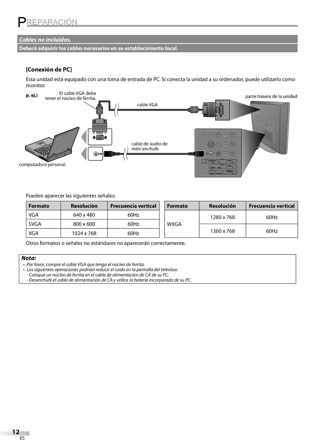 FUNAI LC225SL9 owner manual Conexión de PC, Pueden aparecer las siguientes señales, Formato Resolución, Frecuencia vertical 