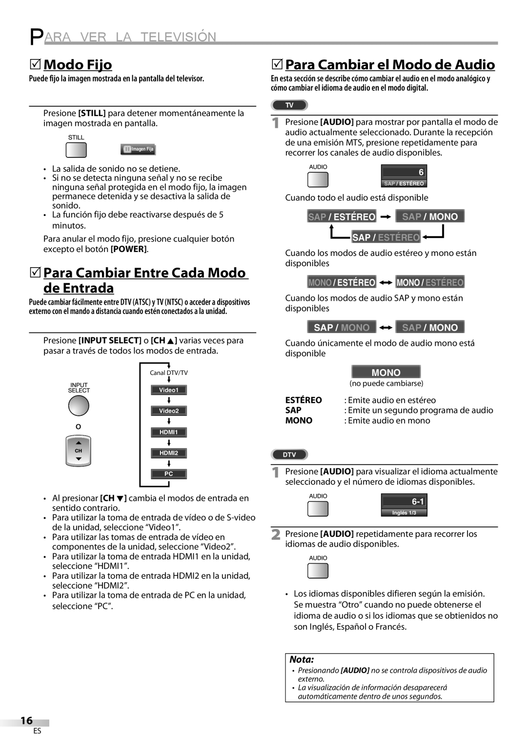 FUNAI LC225SL9 owner manual Para VER LA Televisión, 5Modo Fijo, 5Para Cambiar Entre Cada Modo de Entrada, Estéreo 