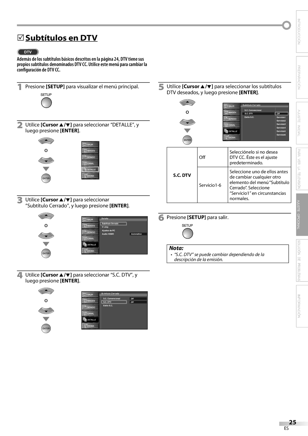 FUNAI LC225SL9 owner manual 5Subtítulos en DTV, Para seleccionar los subtítulos, DTV deseados, y luego presione Enter 