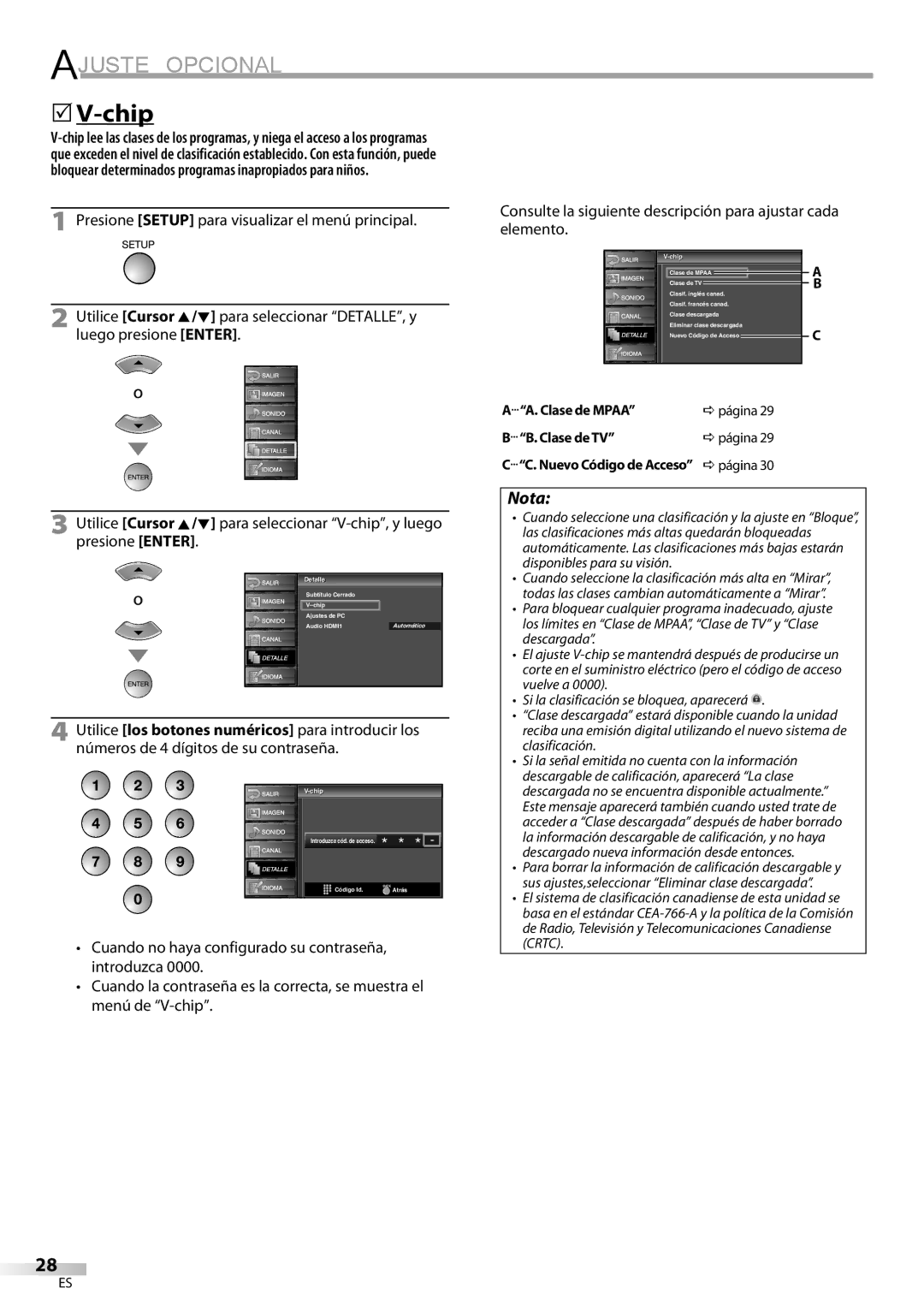 FUNAI LC225SL9 owner manual Clase de Mpaa, Clase de TV, Nuevo Código de Acceso Dpágina 