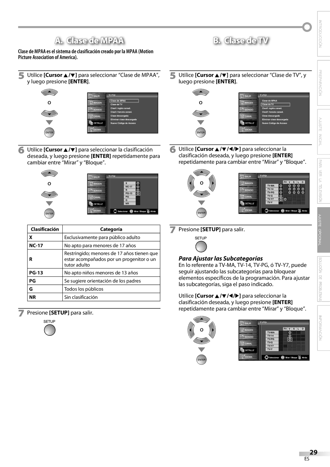 FUNAI LC225SL9 owner manual Para Ajustar las Subcategorías 