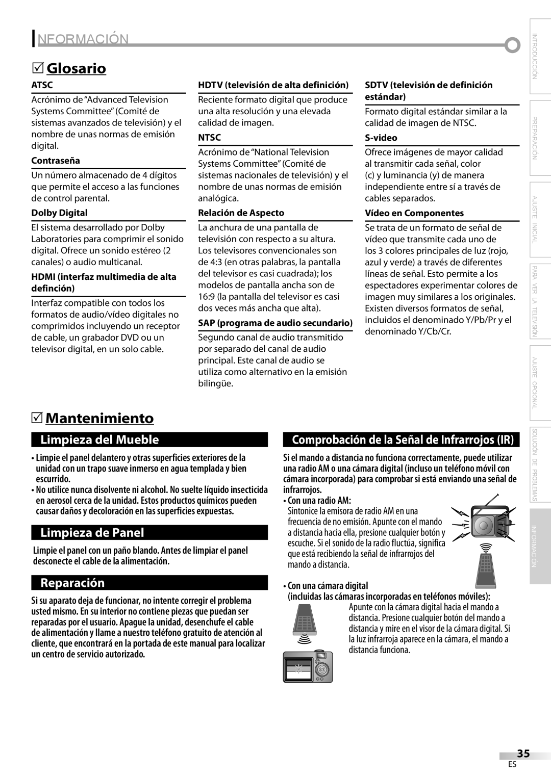 FUNAI LC225SL9 owner manual Información, Glosario, Mantenimiento, Infrarrojos Con una radio AM 