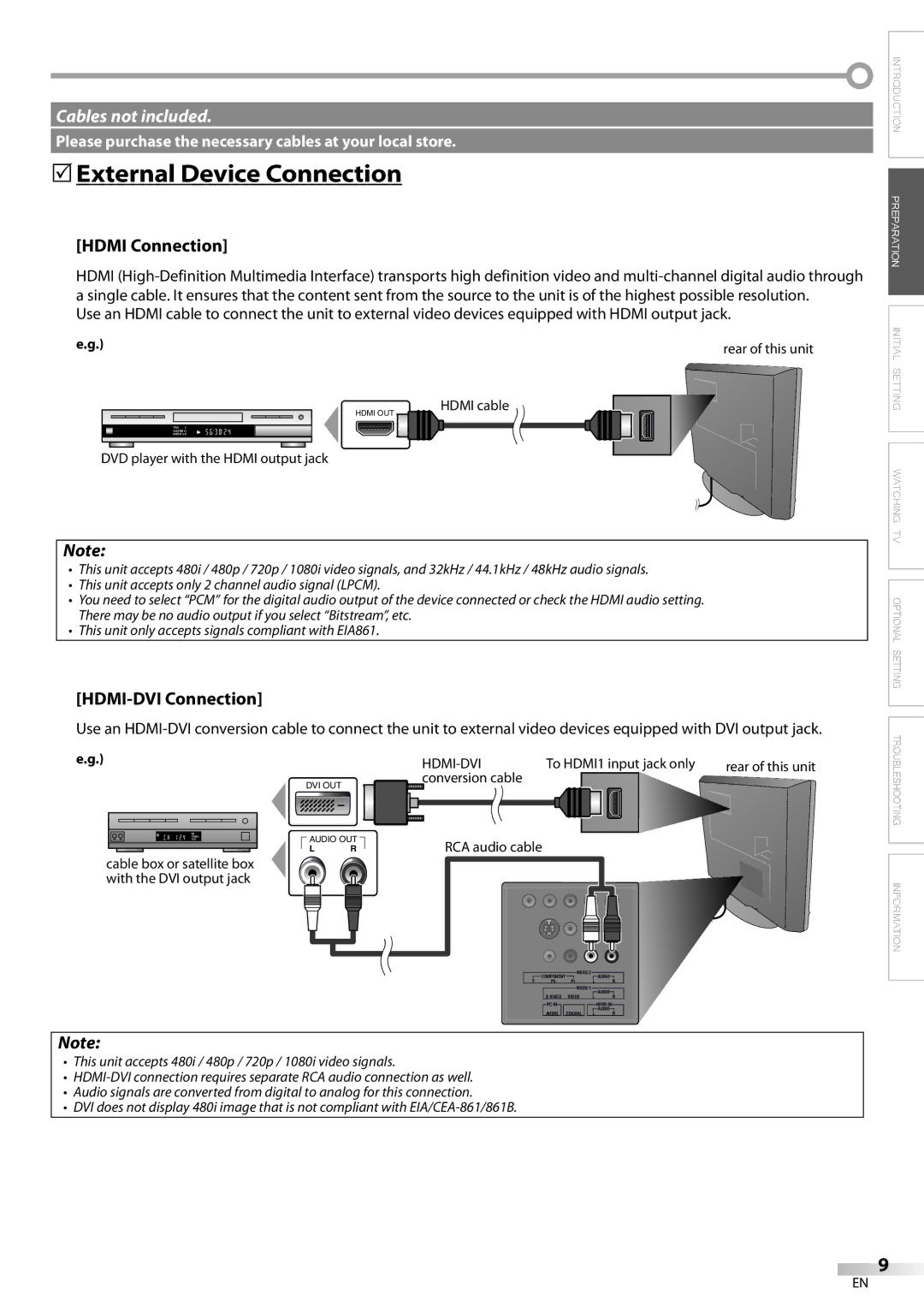 FUNAI LC225SL9 owner manual 5External Device Connection, Hdmi Connection, HDMI-DVI Connection 