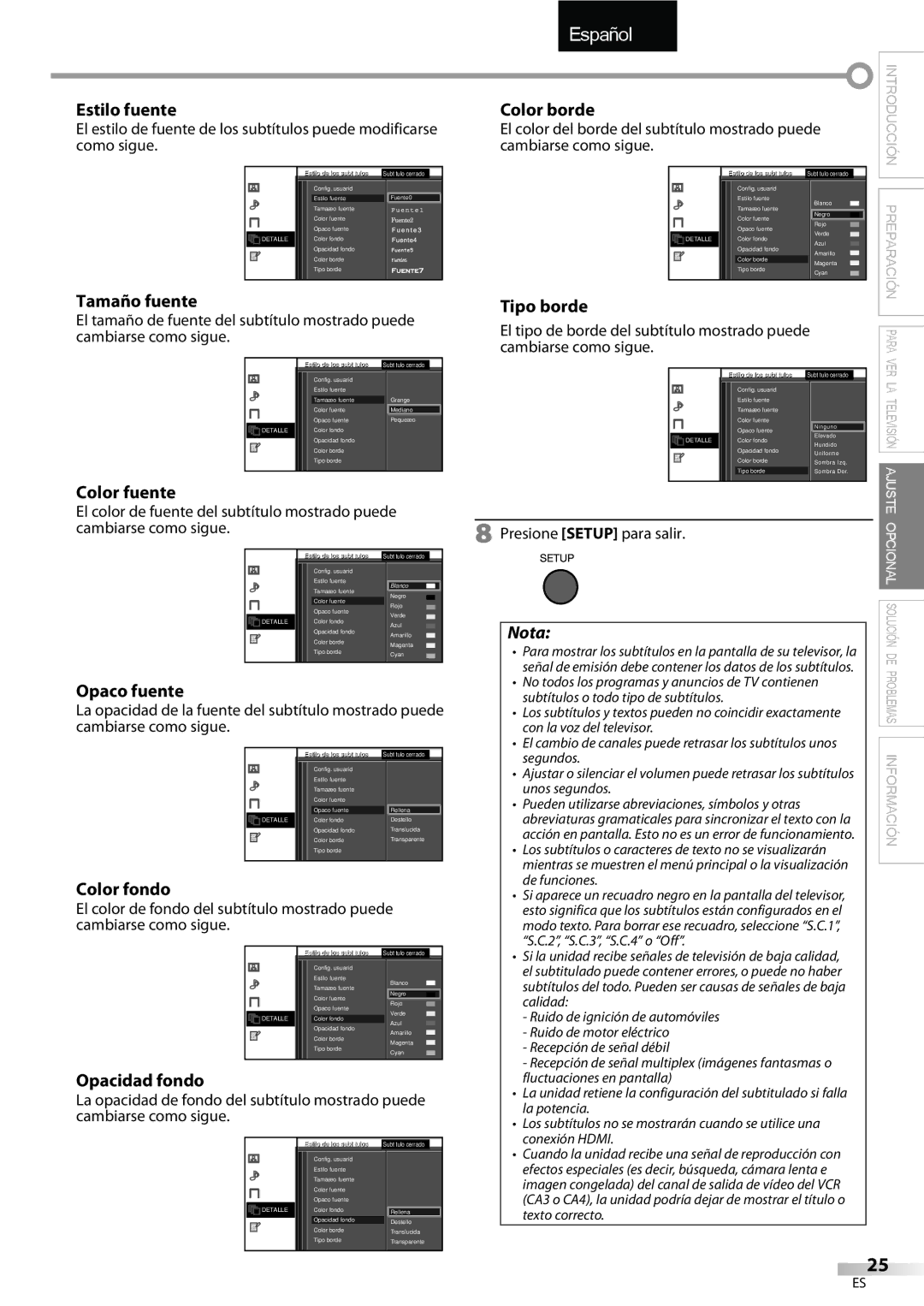 FUNAI LC320EMX owner manual Tamaño fuente, Color fuente, Tipo borde, Opaco fuente, Color fondo, Opacidad fondo 