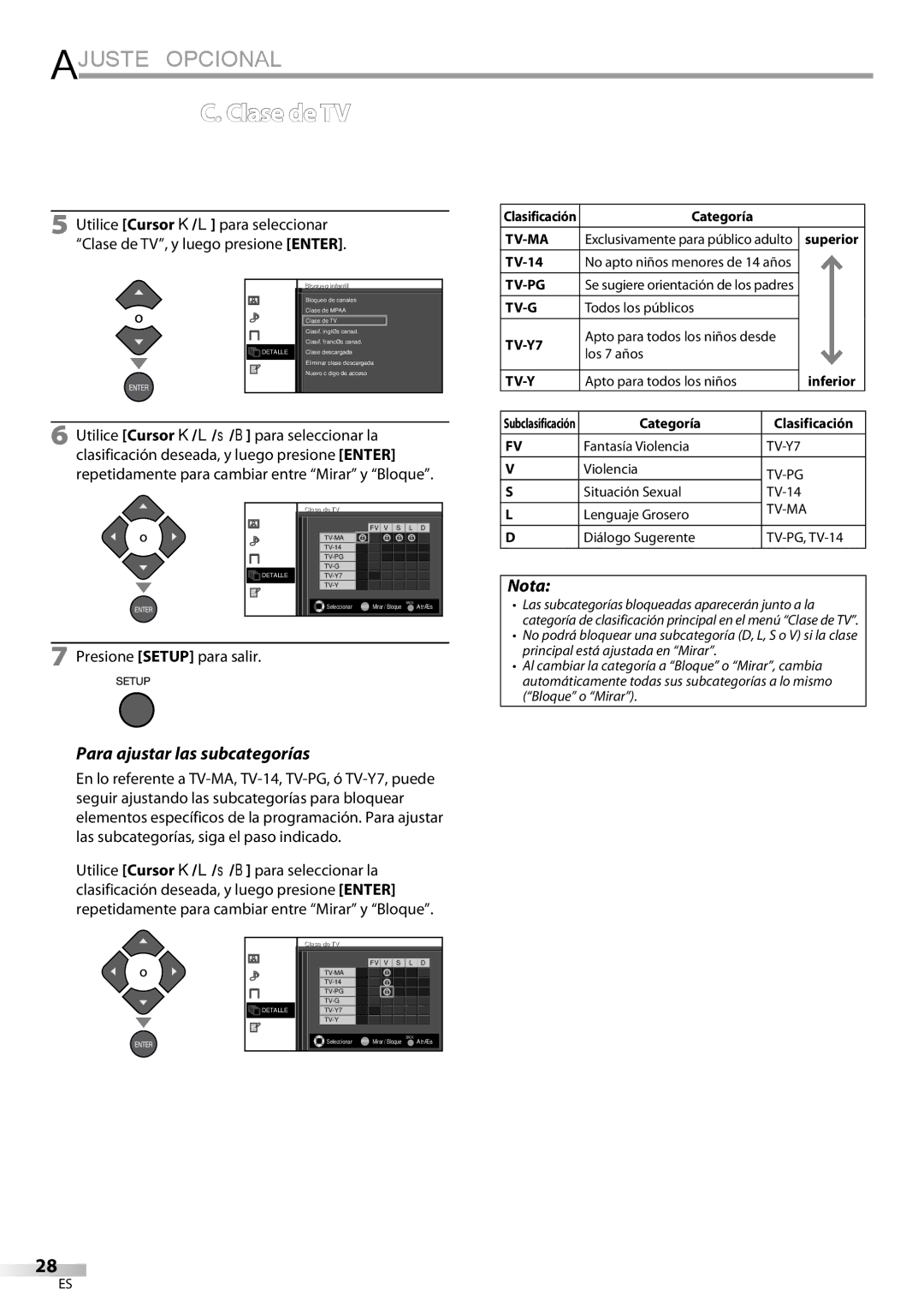 FUNAI LC320EMX owner manual Clase de TV, Para ajustar las subcategorías 