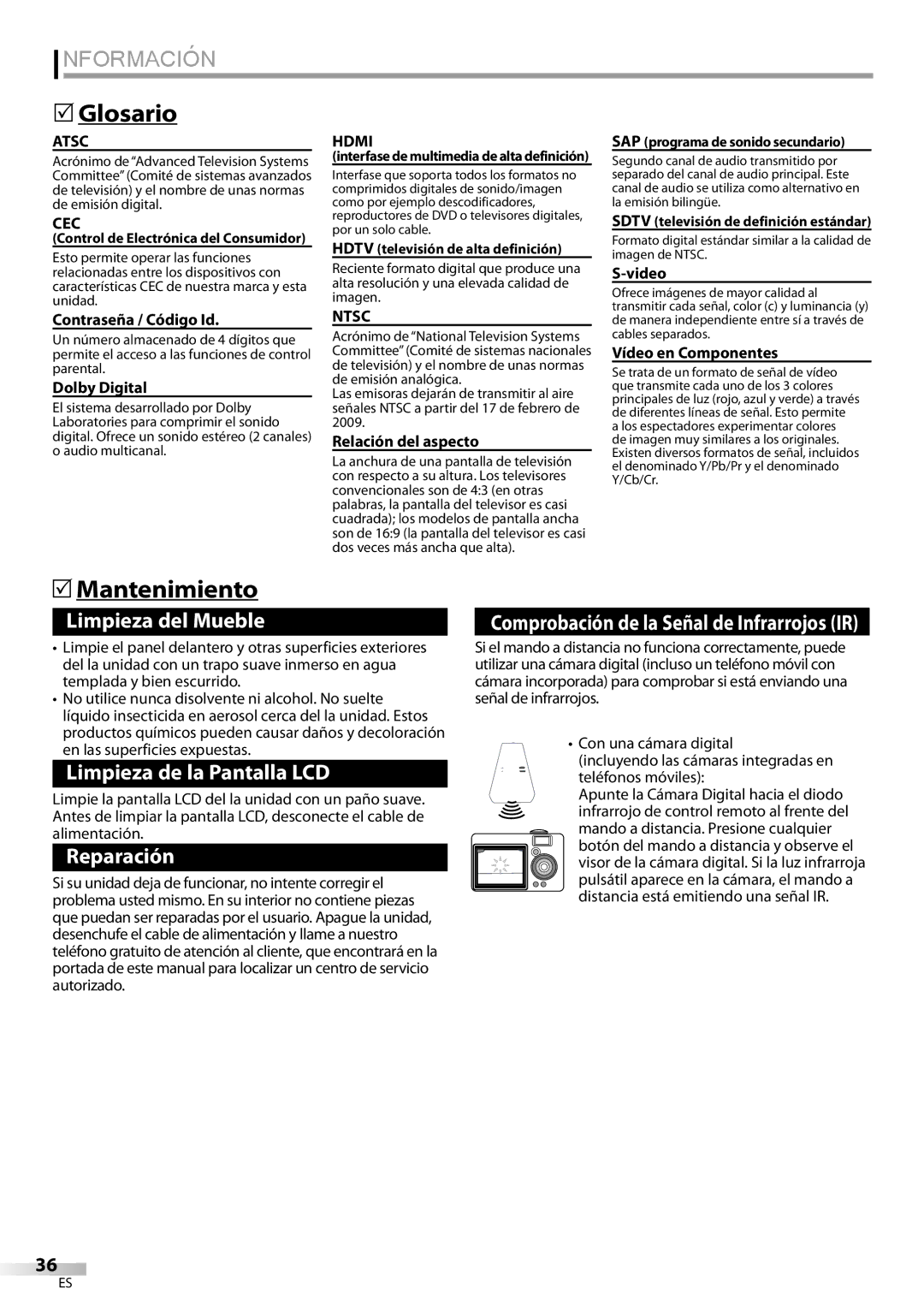 FUNAI LC320EMX owner manual Información, Glosario, Mantenimiento, Cec 