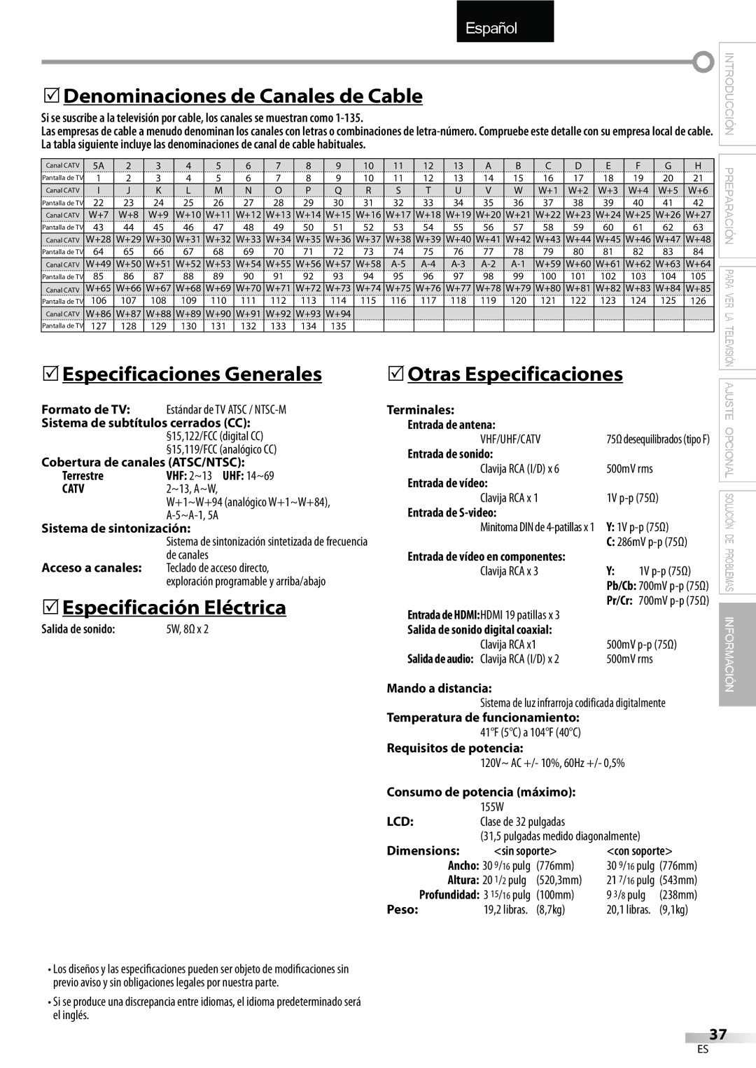 FUNAI LC320EMX owner manual 5Denominaciones de Canales de Cable, Especificaciones Generales, 5Especificación Eléctrica 