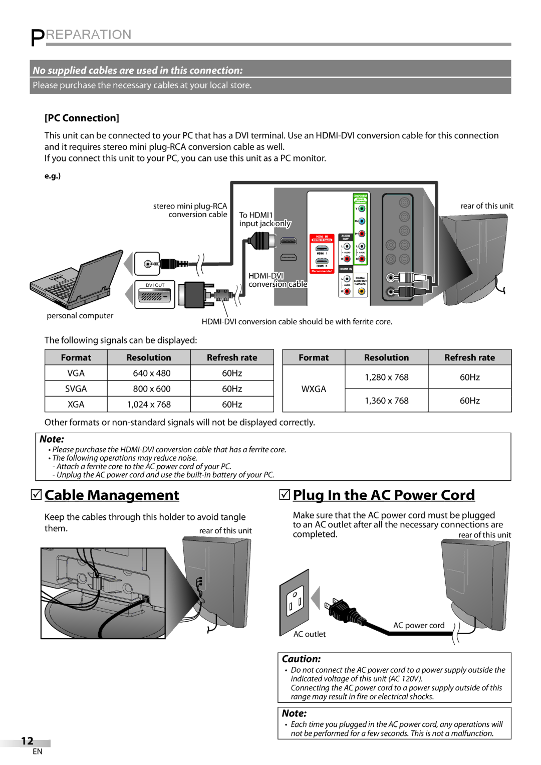 FUNAI LC320EMX owner manual 5Cable Management, 5Plug In the AC Power Cord, PC Connection, Resolution 