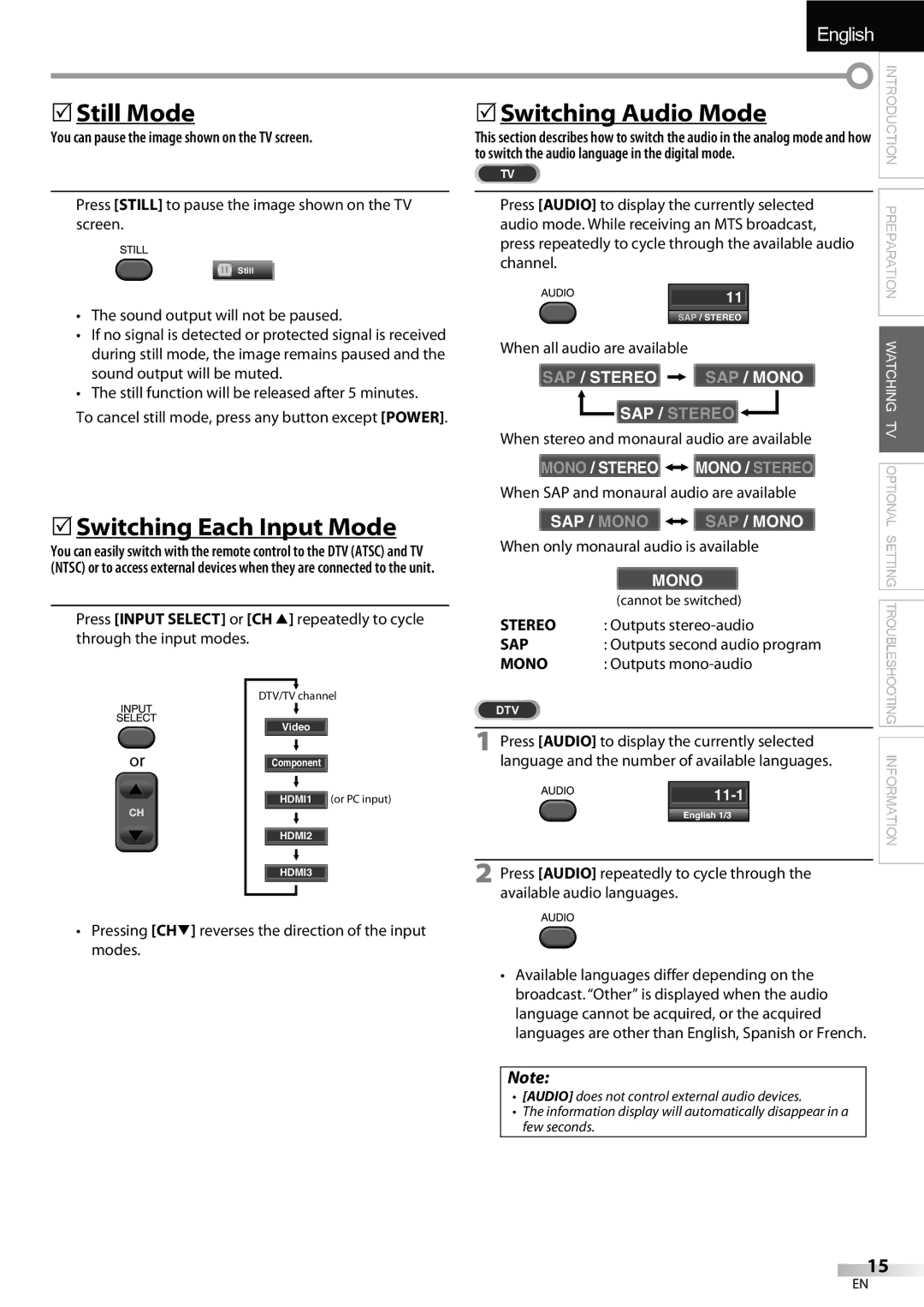 FUNAI LC320EMX owner manual 5Still Mode, 5Switching Each Input Mode, 5Switching Audio Mode 