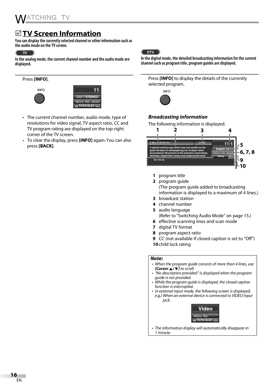 FUNAI LC320EMX 5TV Screen Information, Broadcasting information, Press Info, Following information is displayed 