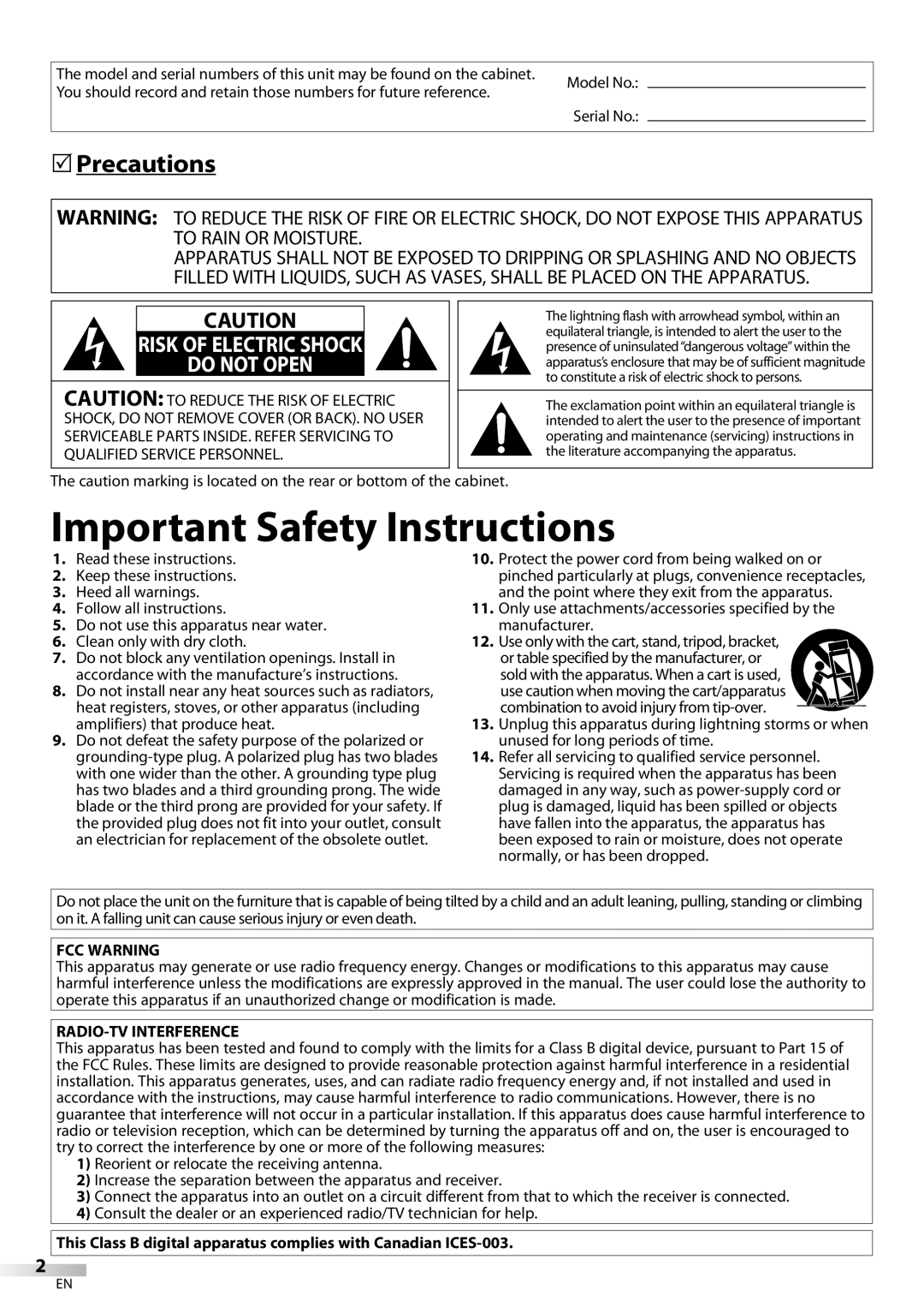 FUNAI LC320EMX owner manual Precautions, FCC Warning, RADIO-TV Interference 