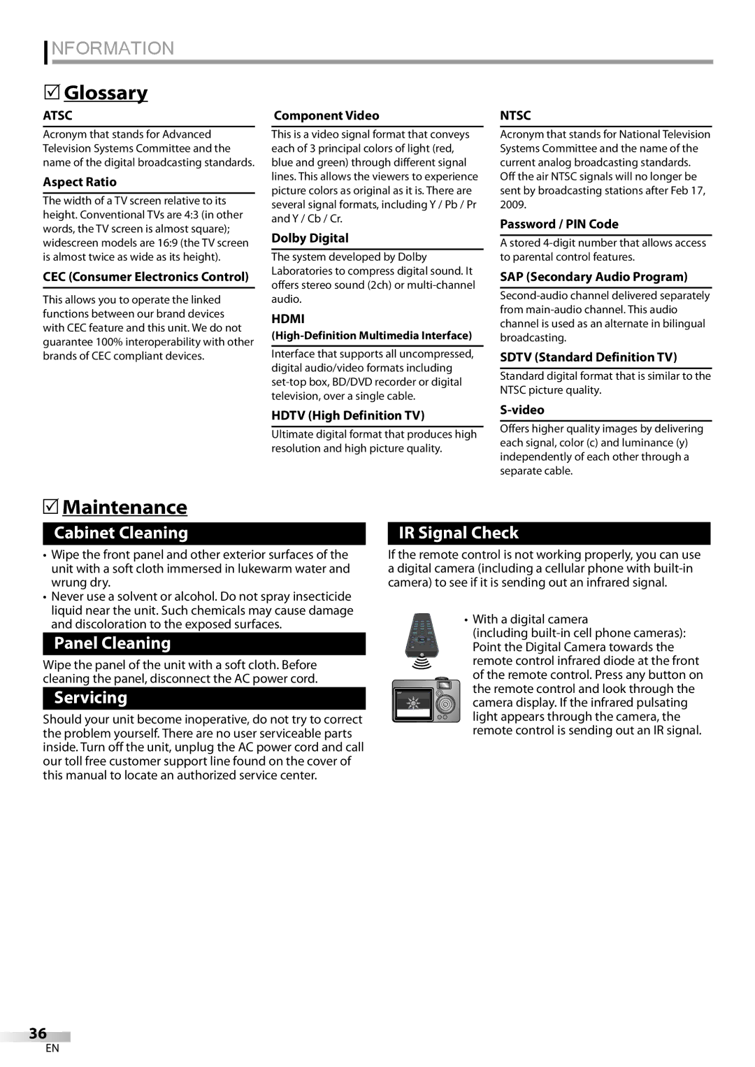 FUNAI LC320EMX owner manual Information, Glossary, Maintenance, Hdmi, Ntsc 