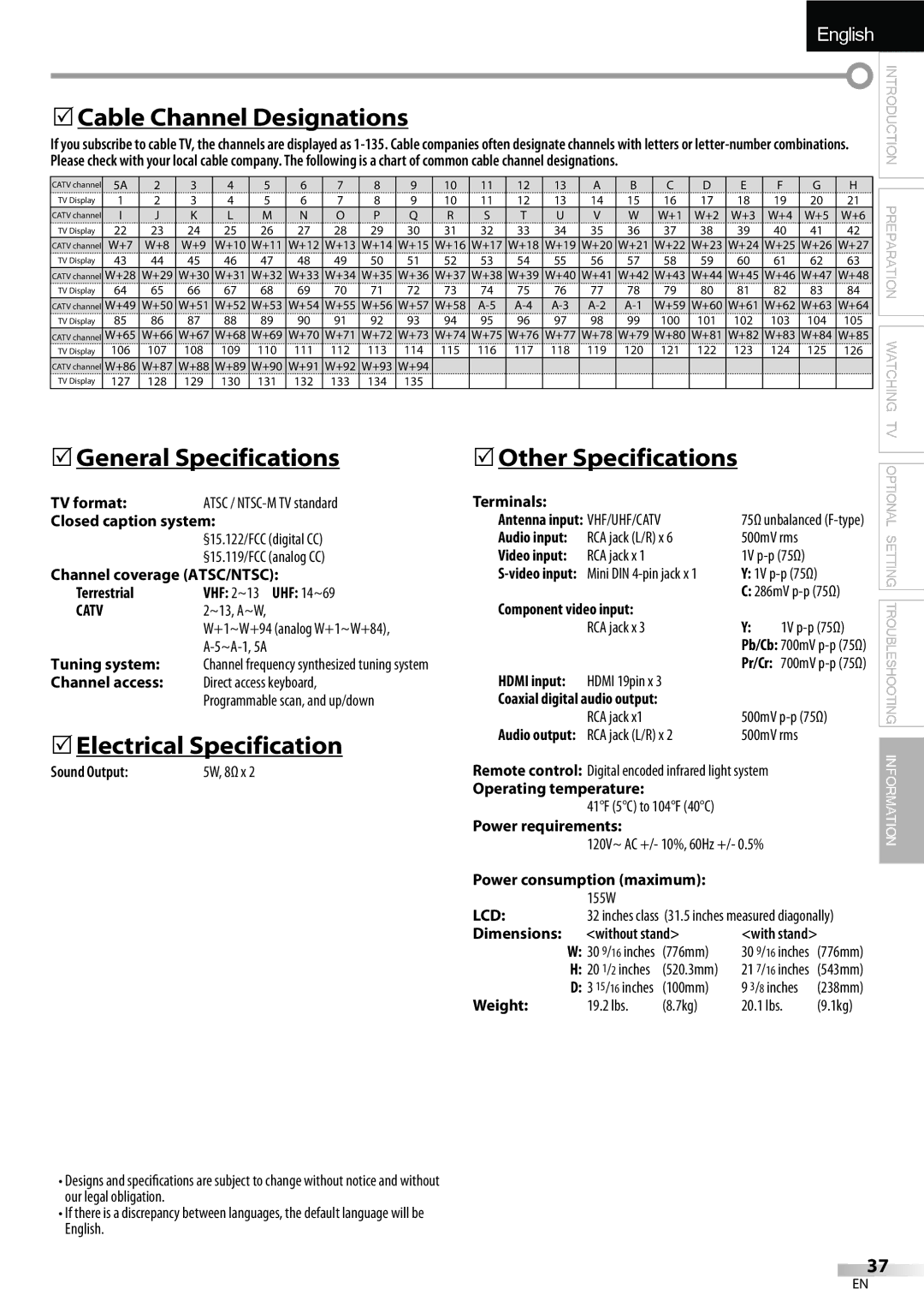 FUNAI LC320EMX 5Cable Channel Designations, 5General Specifications, 5Electrical Specification, 5Other Specifications 