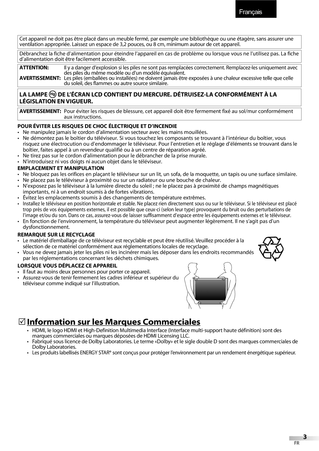 FUNAI LC320EMX 5Information sur les Marques Commerciales, Pour Éviter LES Risques DE Choc Électrique ET D’INCENDIE 