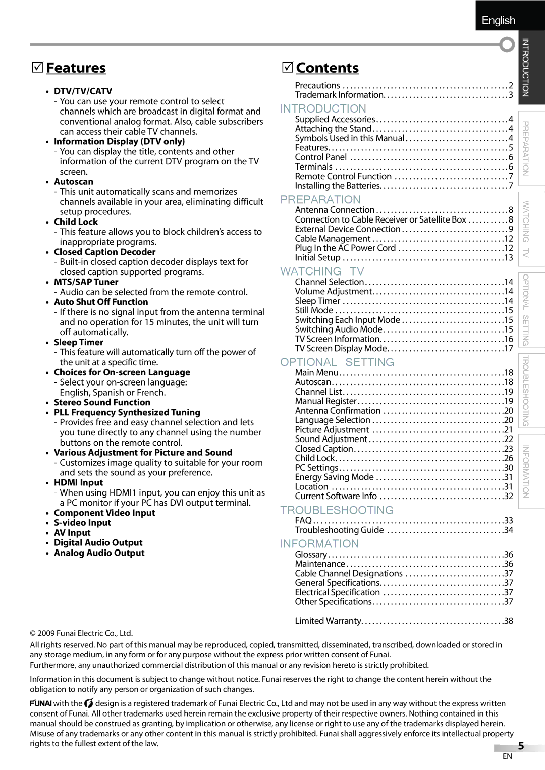 FUNAI LC320EMX owner manual Features, Contents, Dtv/Tv/Catv 