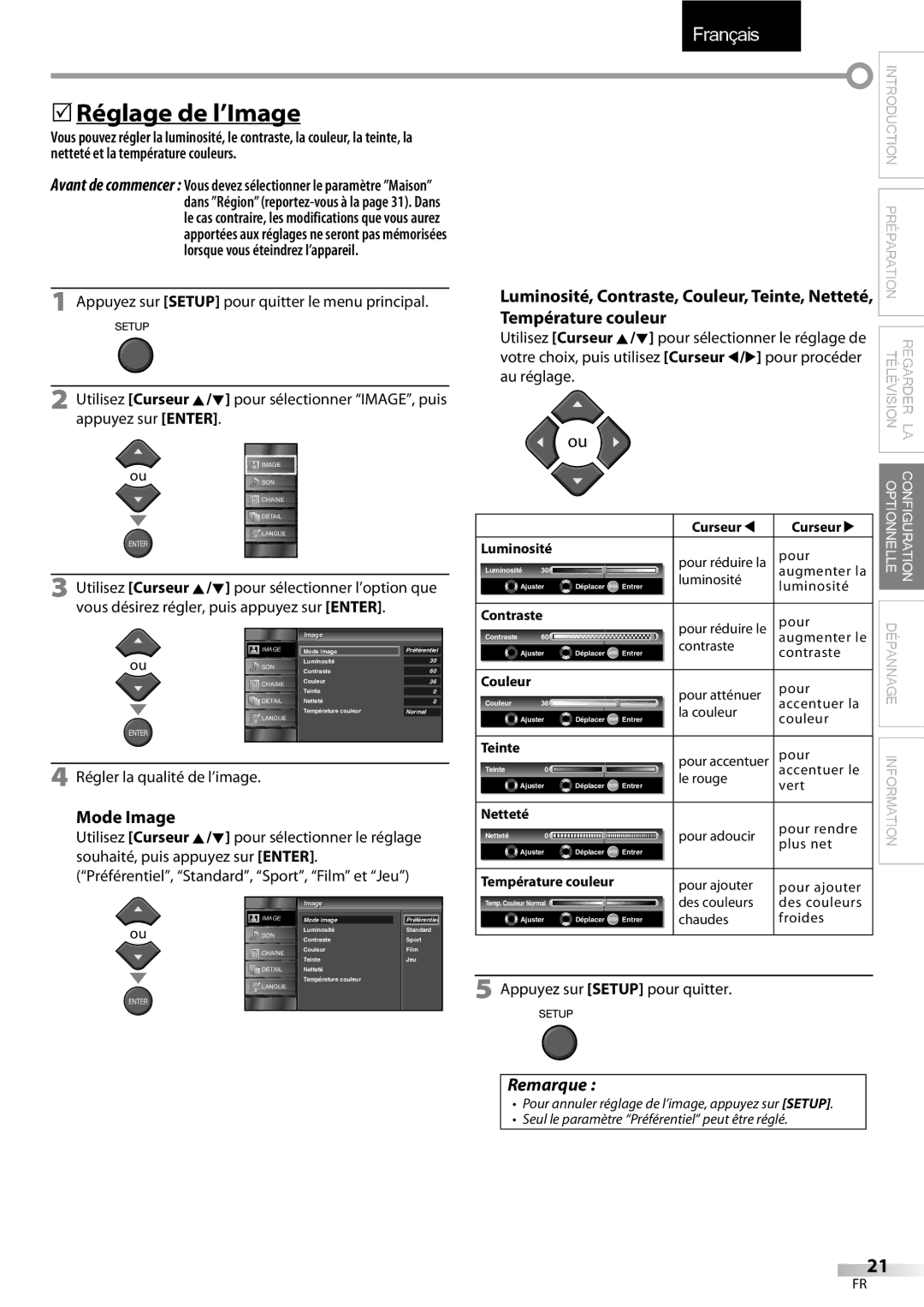 FUNAI LC320EMX 5Réglage de l’Image, Mode Image, Luminosité, Contraste, Couleur, Teinte, Netteté, Température couleur 