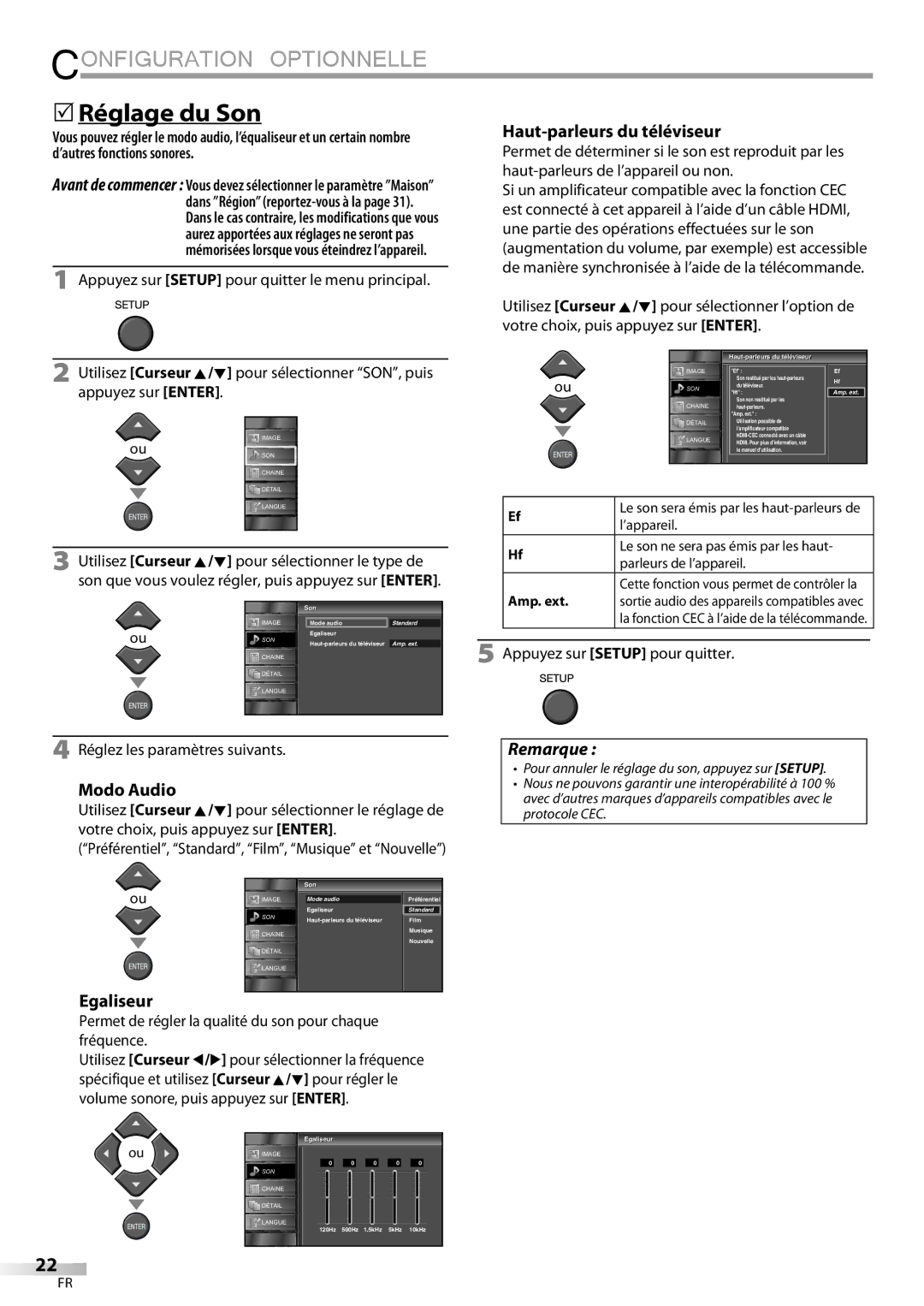 FUNAI LC320EMX owner manual 5Réglage du Son, Haut-parleurs du téléviseur, Modo Audio, Egaliseur 