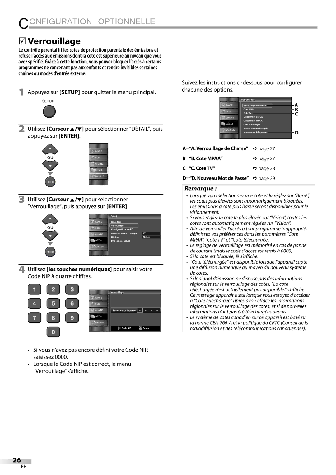 FUNAI LC320EMX owner manual Verrouillage de Chaîne Dpage Cote Mpaa, Cote TV, Nouveau Mot de Passe Dpage 