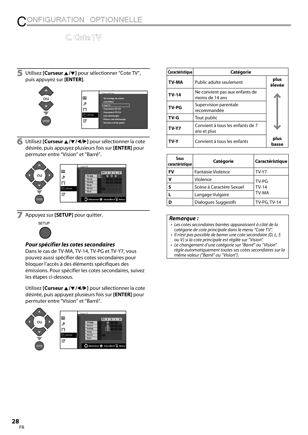 FUNAI LC320EMX owner manual Cote TV, Pour spécifier les cotes secondaires, Sous Catégorie, CoteTV 