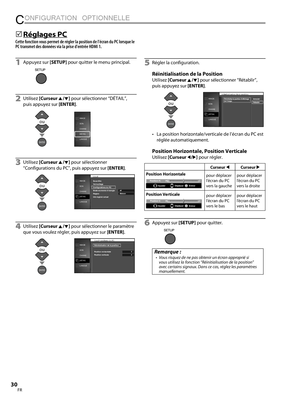 FUNAI LC320EMX owner manual 5Réglages PC, Réinitialisation de la Position, Position Horizontale, Position Verticale 