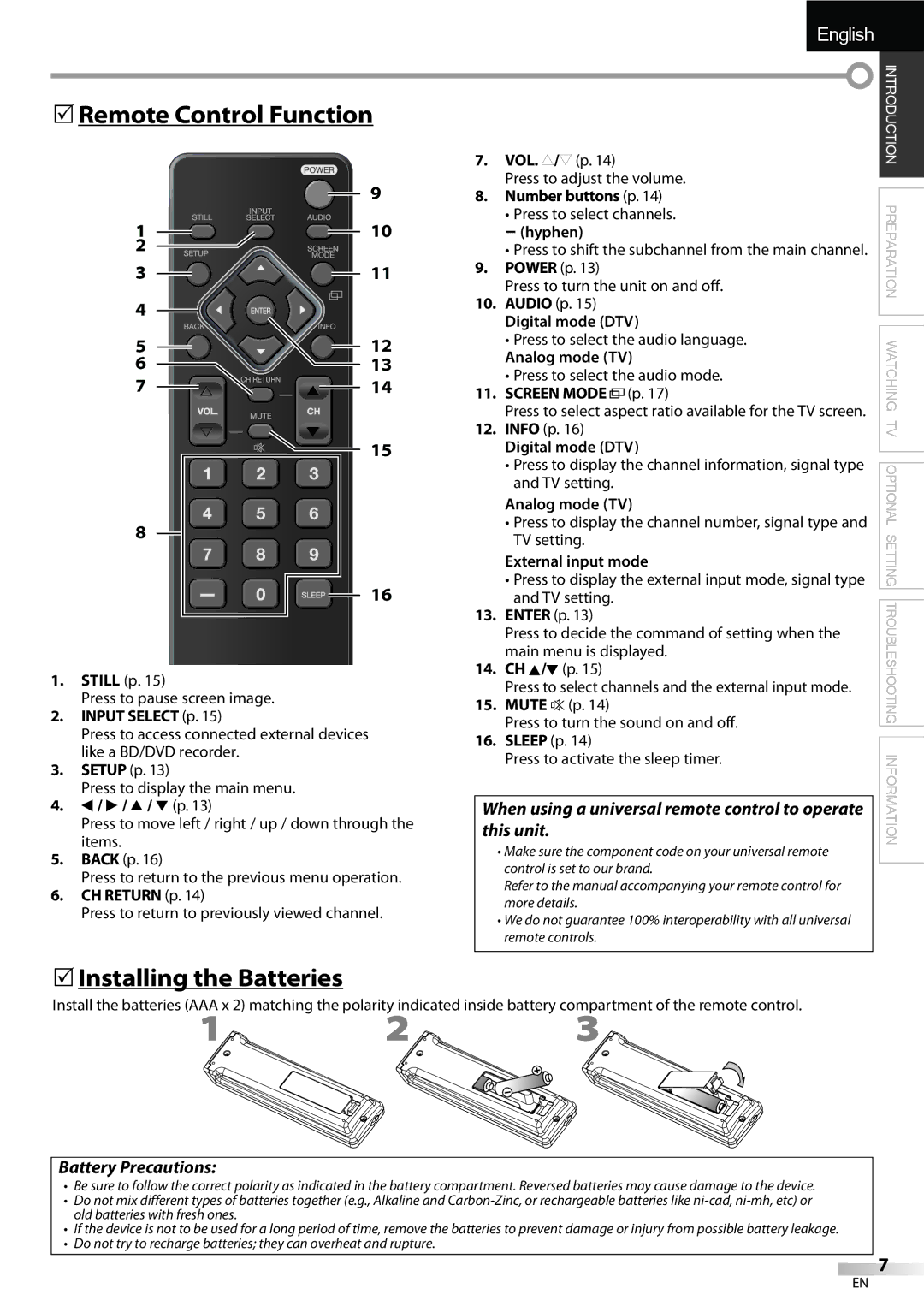 FUNAI LC320EMX owner manual 5Remote Control Function, 5Installing the Batteries, This unit, Battery Precautions 