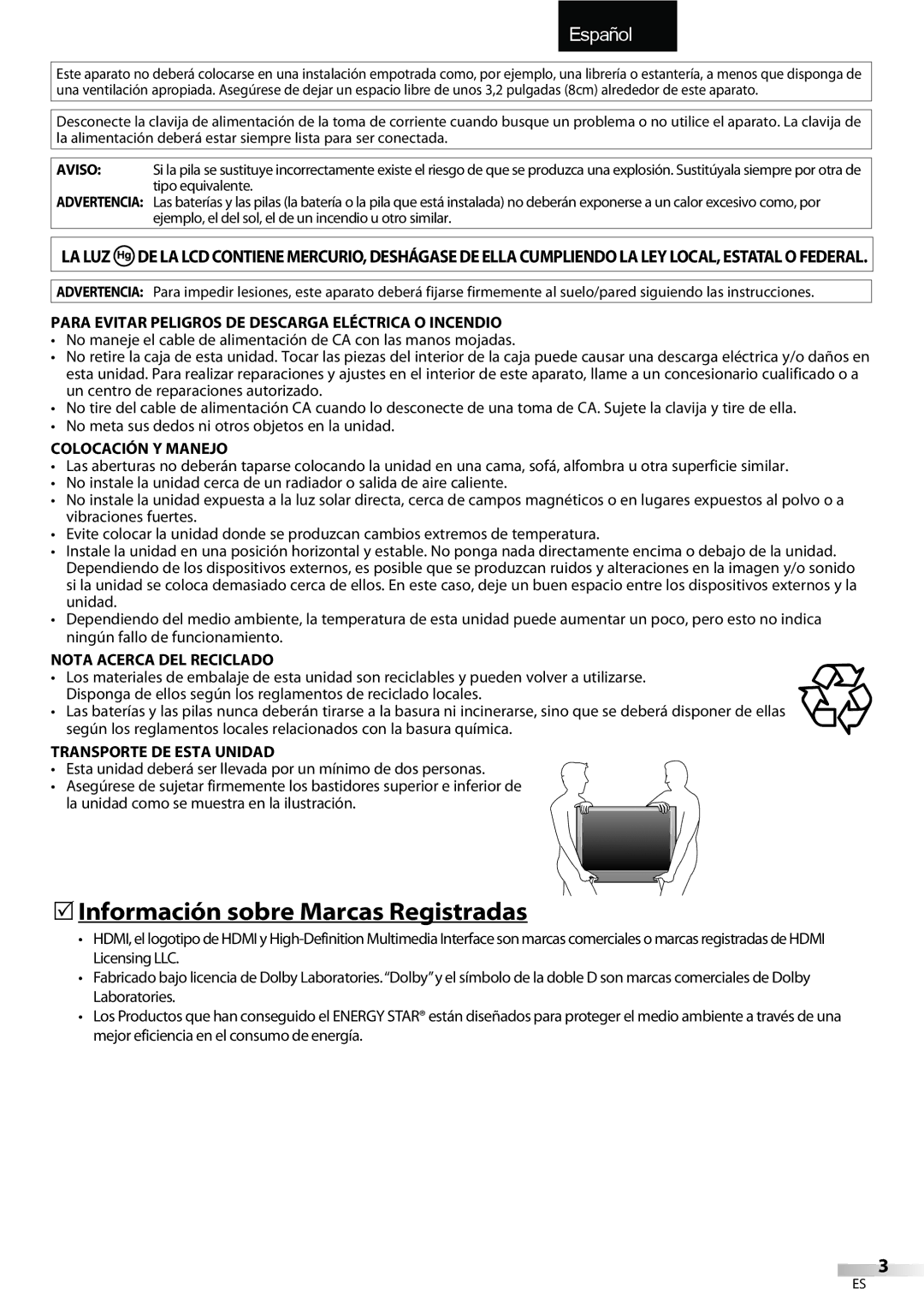 FUNAI LC320EMX owner manual 5Información sobre Marcas Registradas, Para Evitar Peligros DE Descarga Eléctrica O Incendio 