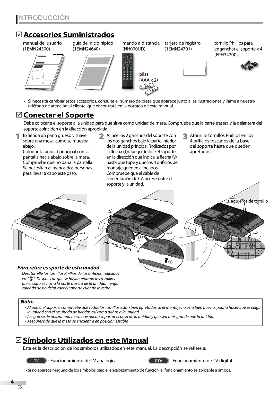 FUNAI LC320EMX Introducción, 5Accesorios Suministrados, 5Conectar el Soporte, 5Símbolos Utilizados en este Manual 