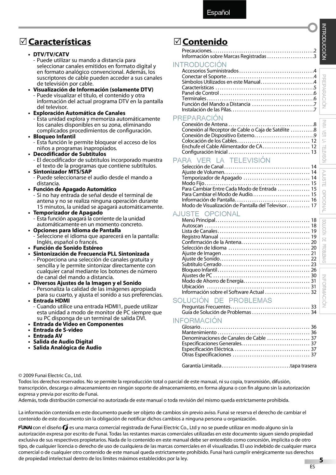 FUNAI LC320EMX owner manual Características Contenido 