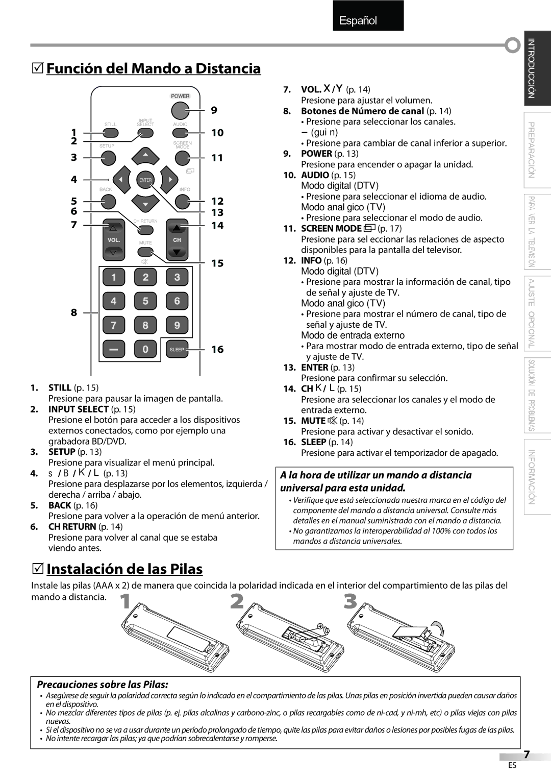 FUNAI LC320EMX owner manual 5Función del Mando a Distancia, 5Instalación de las Pilas, Precauciones sobre las Pilas 