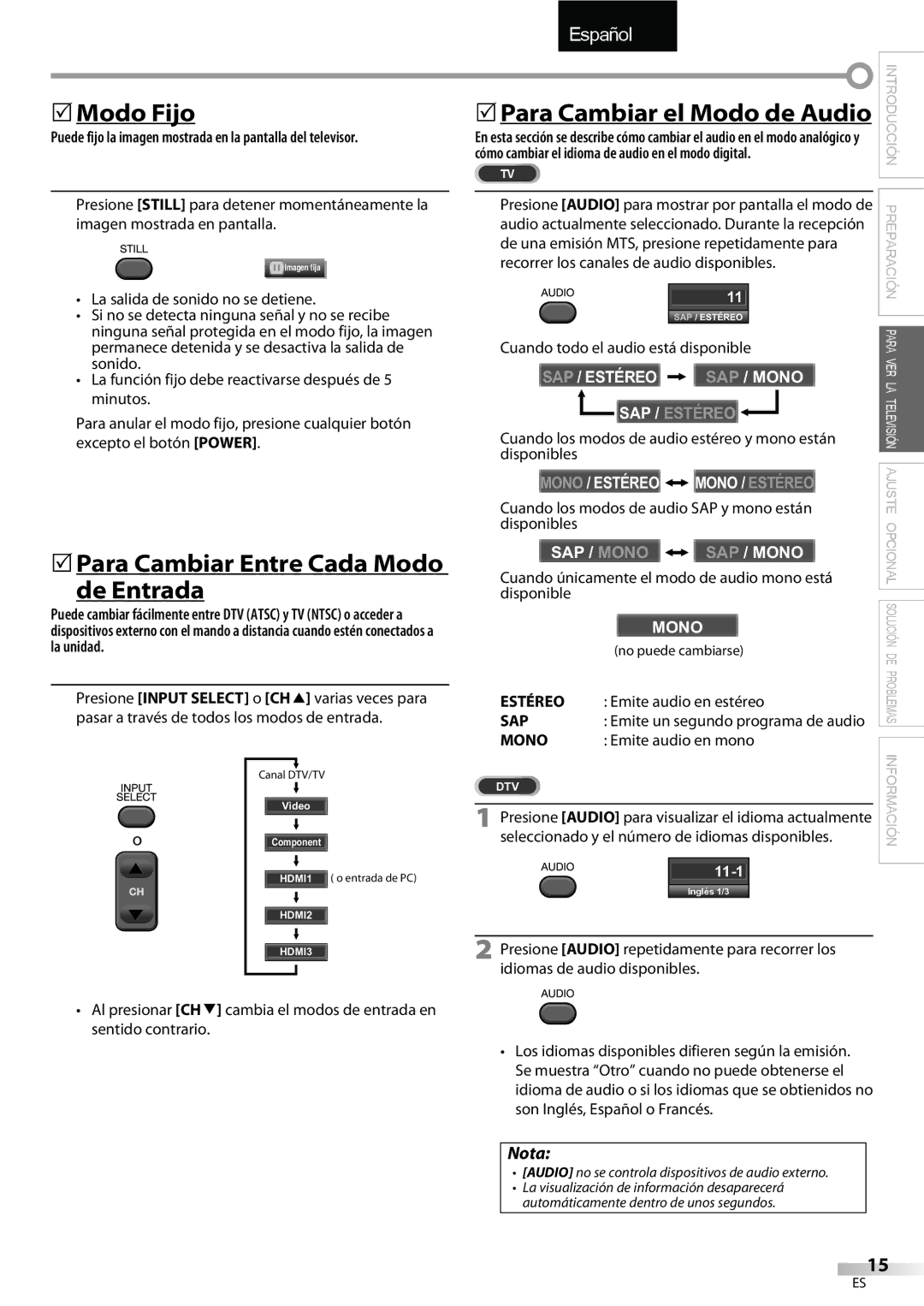 FUNAI LC320EMX owner manual 5Modo Fijo, 5Para Cambiar Entre Cada Modo de Entrada, Estéreo 