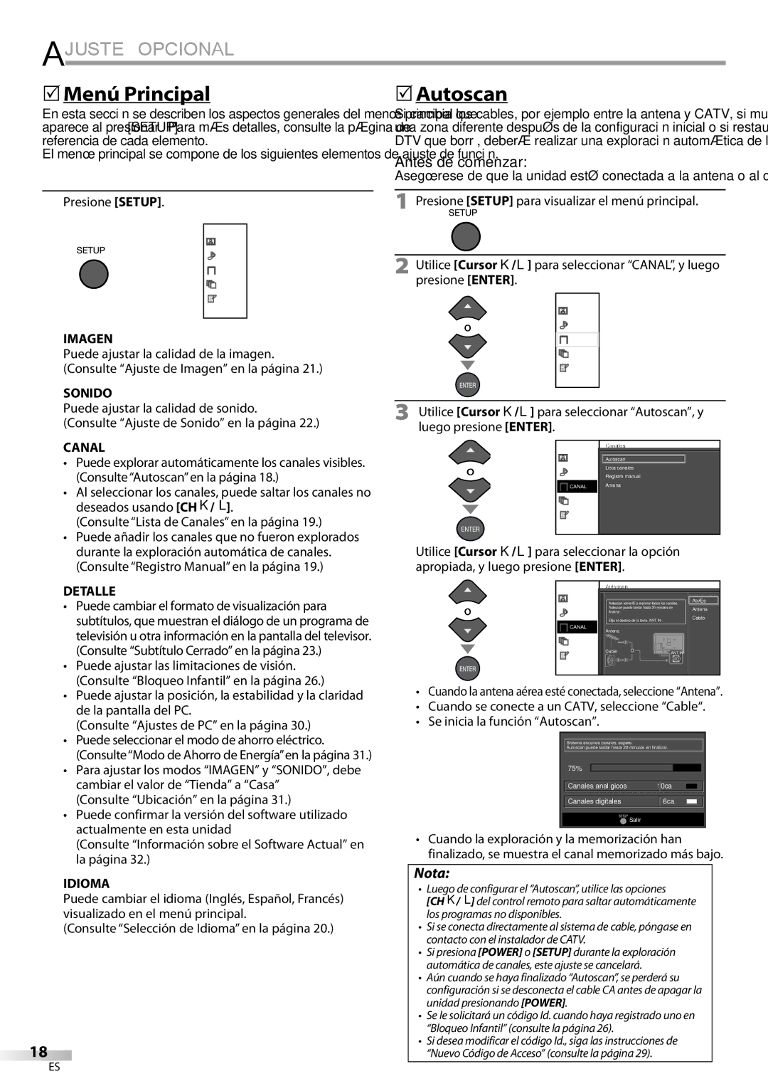 FUNAI LC320EMX owner manual Ajuste Opcional, 5Menú Principal 