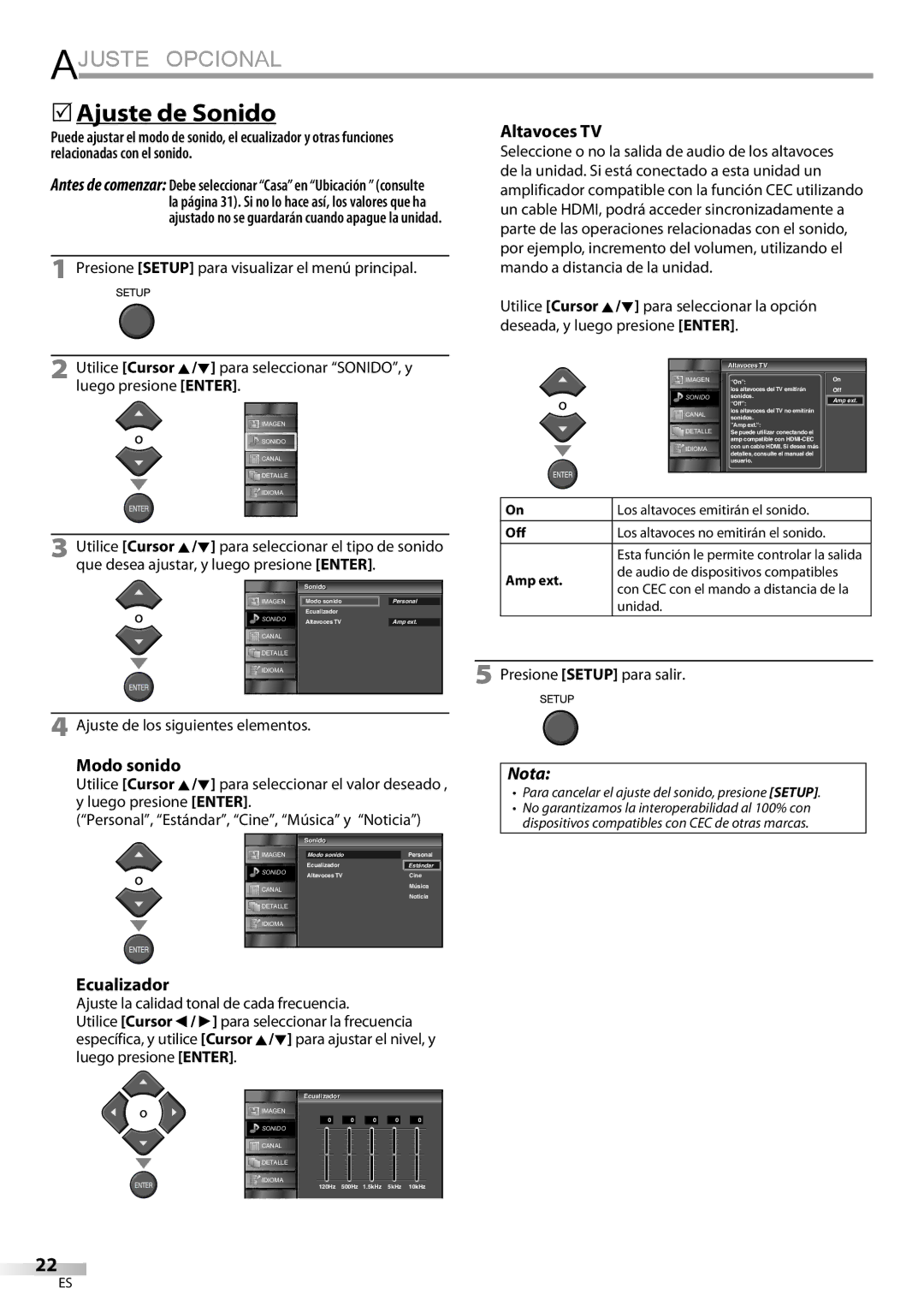 FUNAI LC320EMX owner manual 5Ajuste de Sonido, Altavoces TV, Modo sonido, Ajuste de los siguientes elementos, Amp ext 