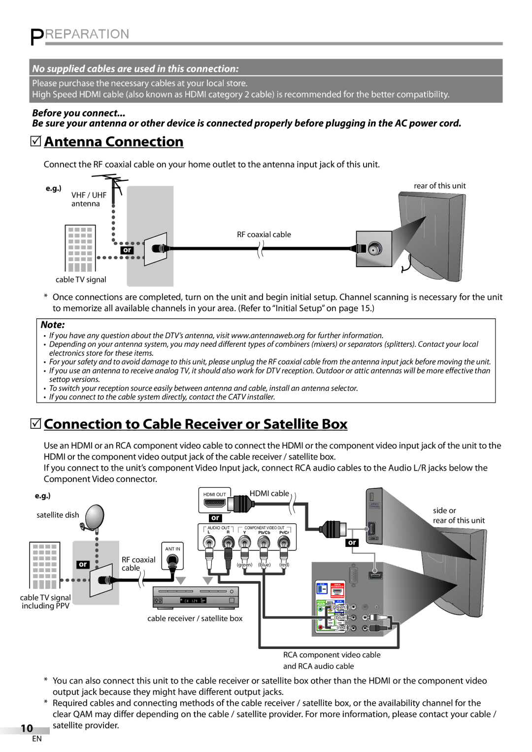 FUNAI LD195EMX Preparation, 5Antenna Connection, 5Connection to Cable Receiver or Satellite Box, Satellite provider 