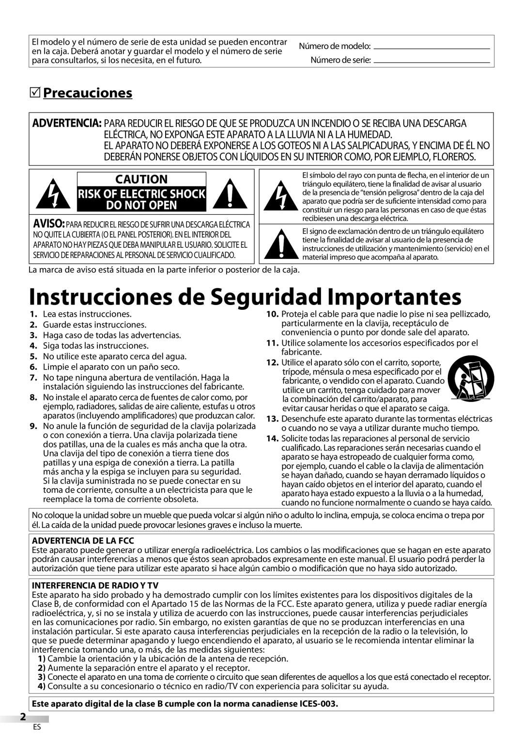 FUNAI LD195EMX owner manual Precauciones, Para consultarlos, si los necesita, en el futuro, Advertencia DE LA FCC 