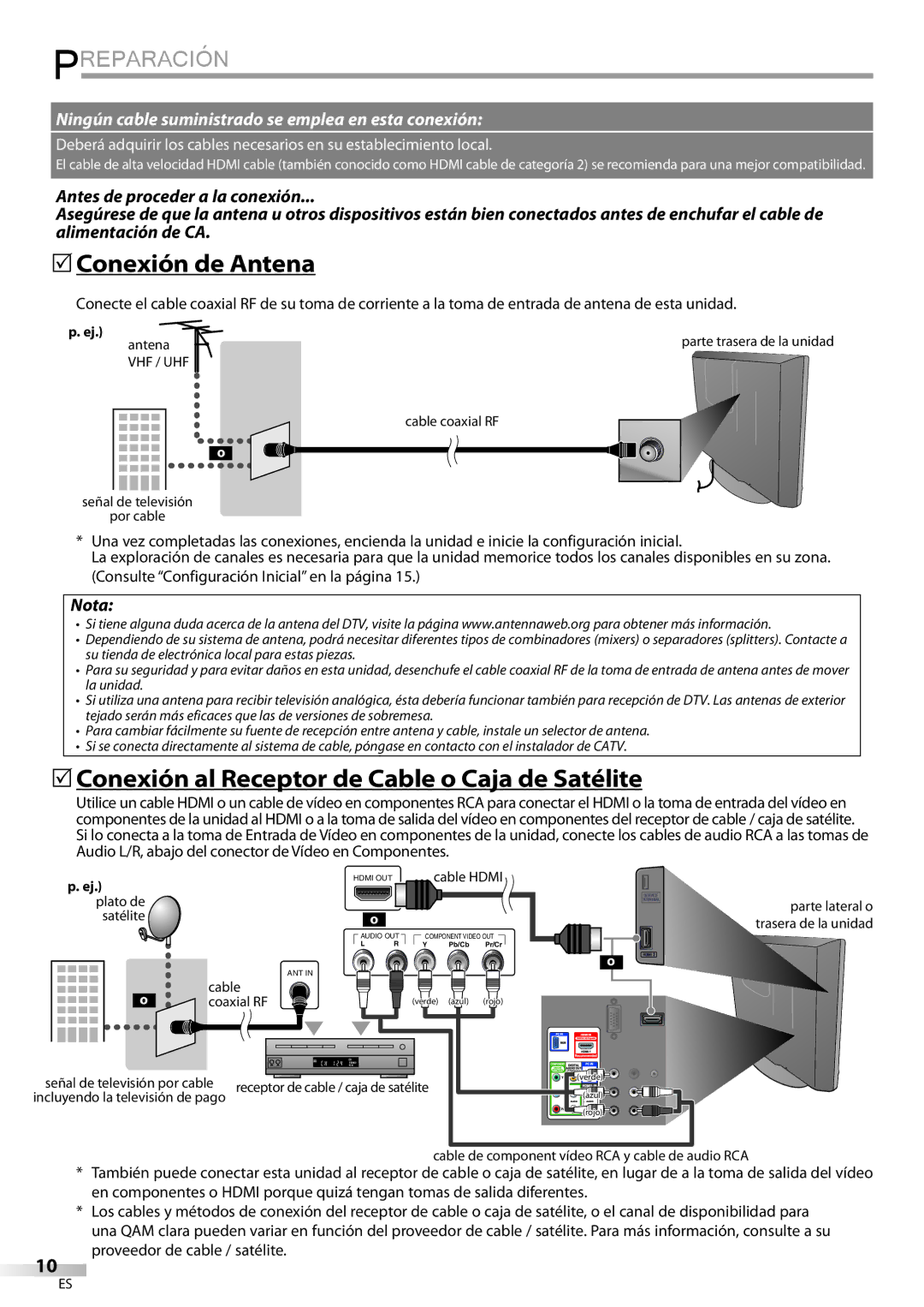 FUNAI LD195EMX owner manual Preparación, 5Conexión de Antena, 5Conexión al Receptor de Cable o Caja de Satélite 