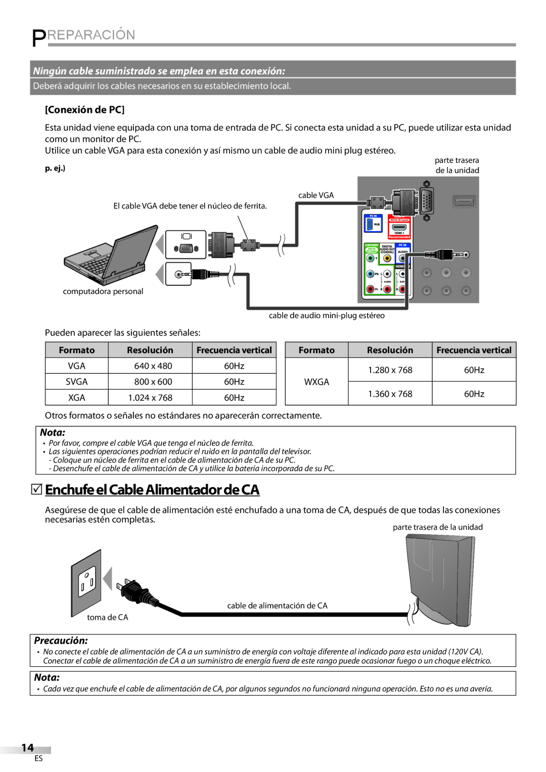 FUNAI LD195EMX 5EnchufeelCableAlimentadordeCA, Conexión de PC, Precaución, Pueden aparecer las siguientes señales 