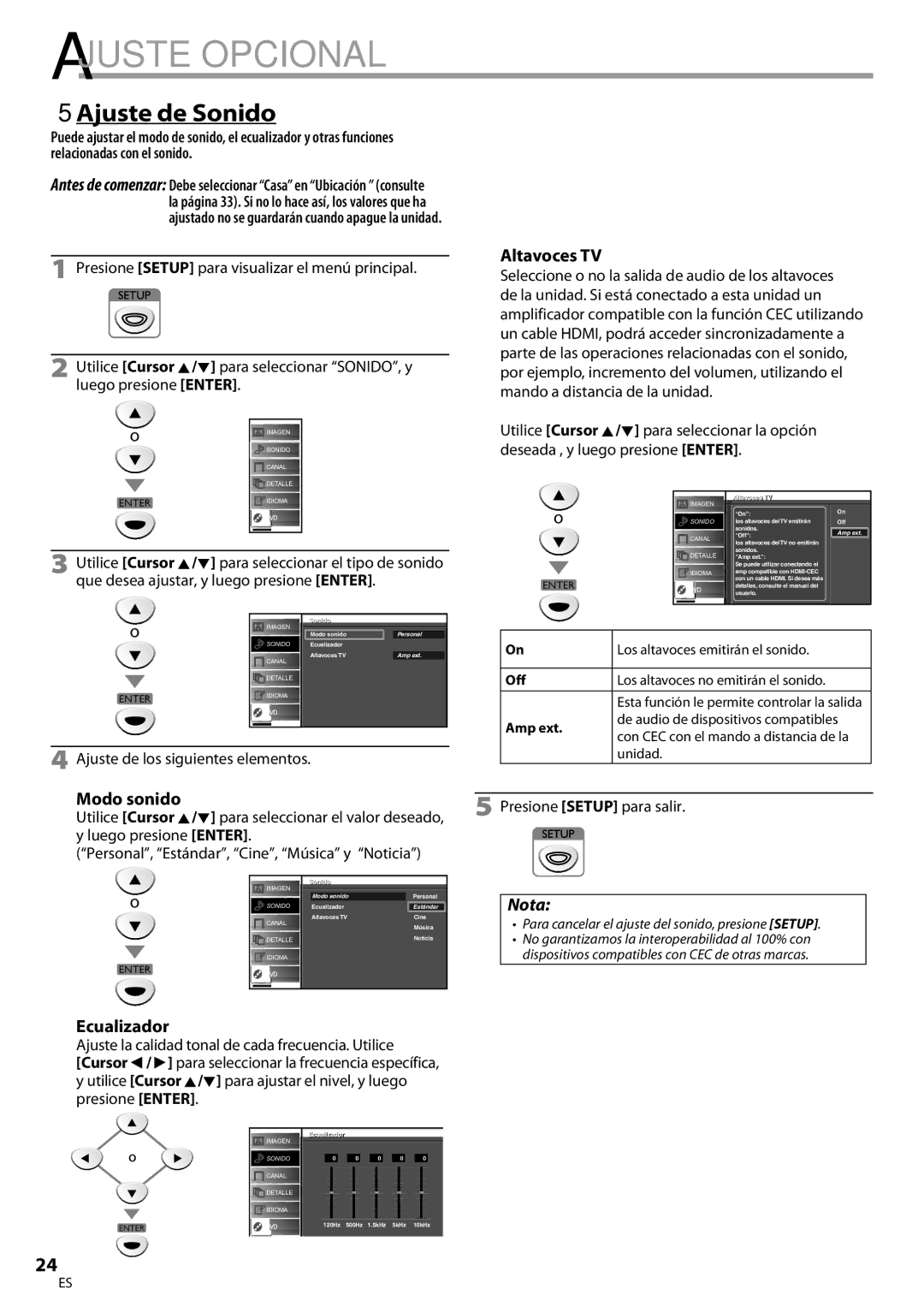 FUNAI LD195EMX owner manual 5Ajuste de Sonido, Altavoces TV, Modo sonido, Ecualizador, Luego presione Enter 