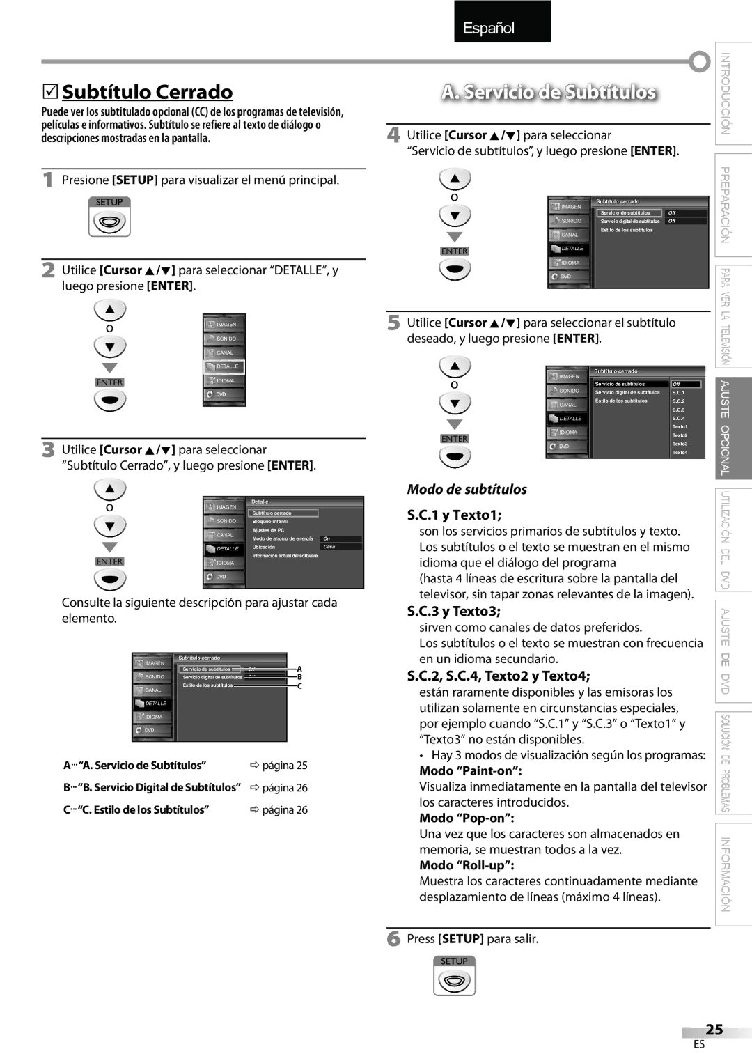 FUNAI LD195EMX owner manual 5Subtítulo Cerrado, Servicio de Subtítulos, Modo de subtítulos 