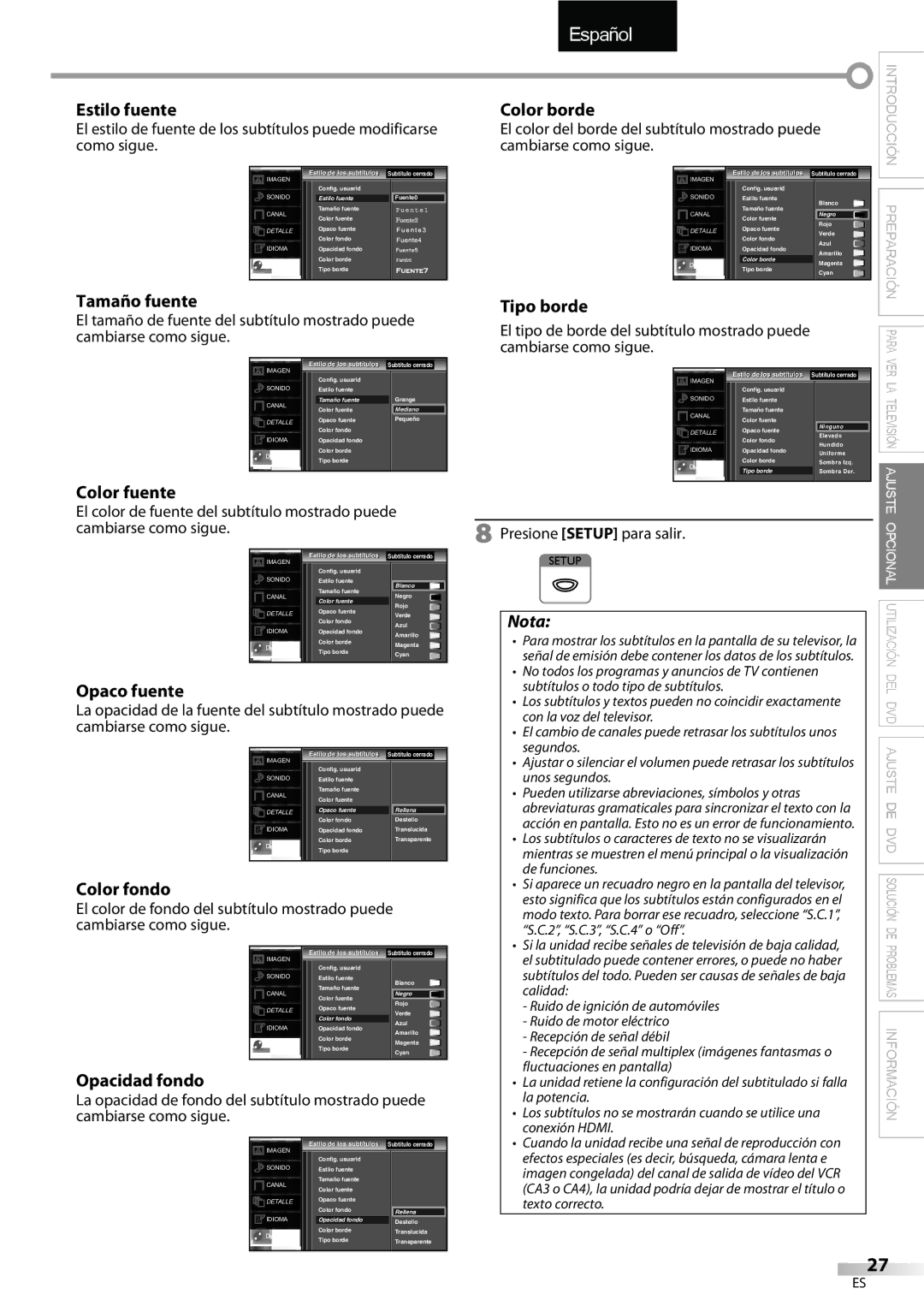 FUNAI LD195EMX owner manual Tamaño fuente, Tipo borde, Opaco fuente, Color fondo, Opacidad fondo 